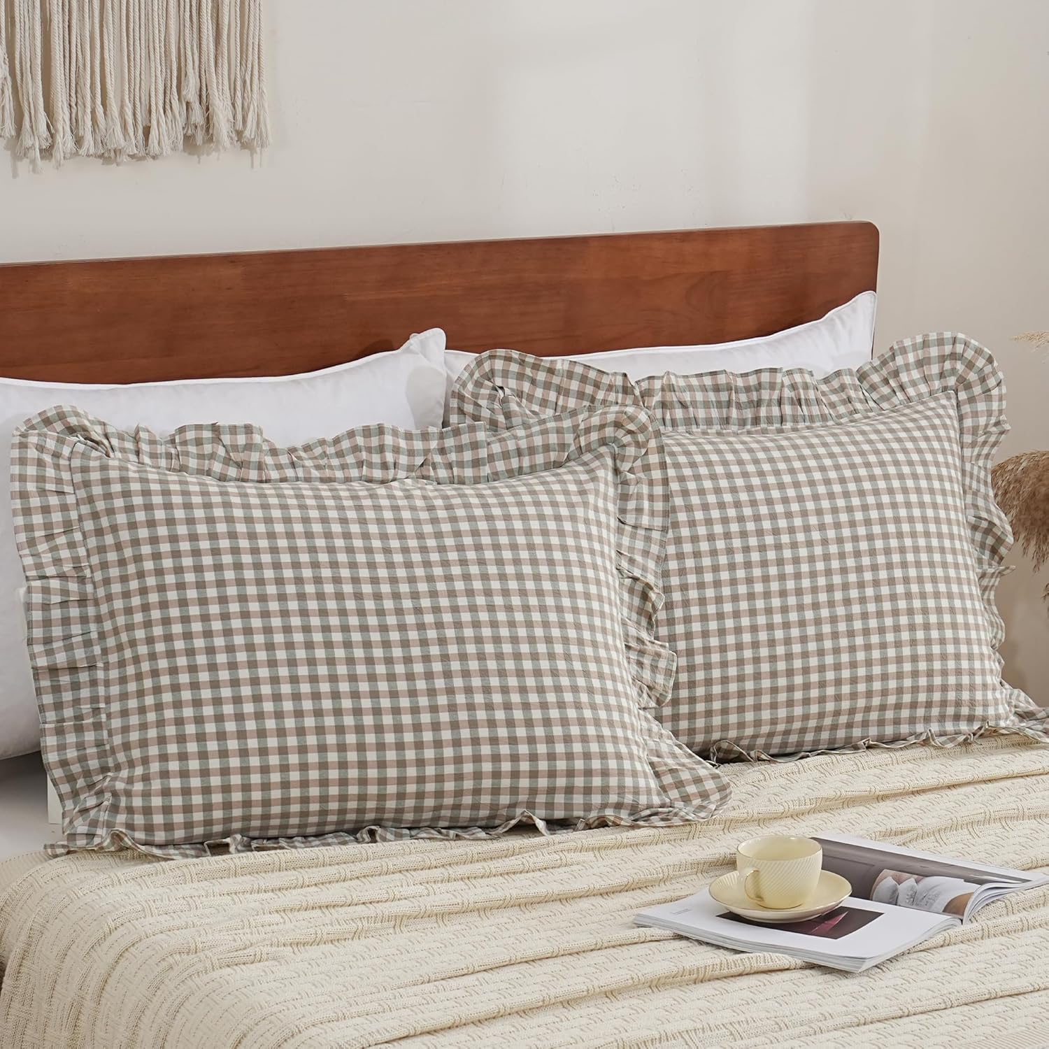 Tan Gingham Throw Pillow Covers 100% Washed Cotton Like Linen Feel Soft Comfy Ruffle Farmhouse Fall Decorative Pillow Cases Sham Set of 2 for Couch Sofa Bed (18x18 Inches, Zipper Closure)