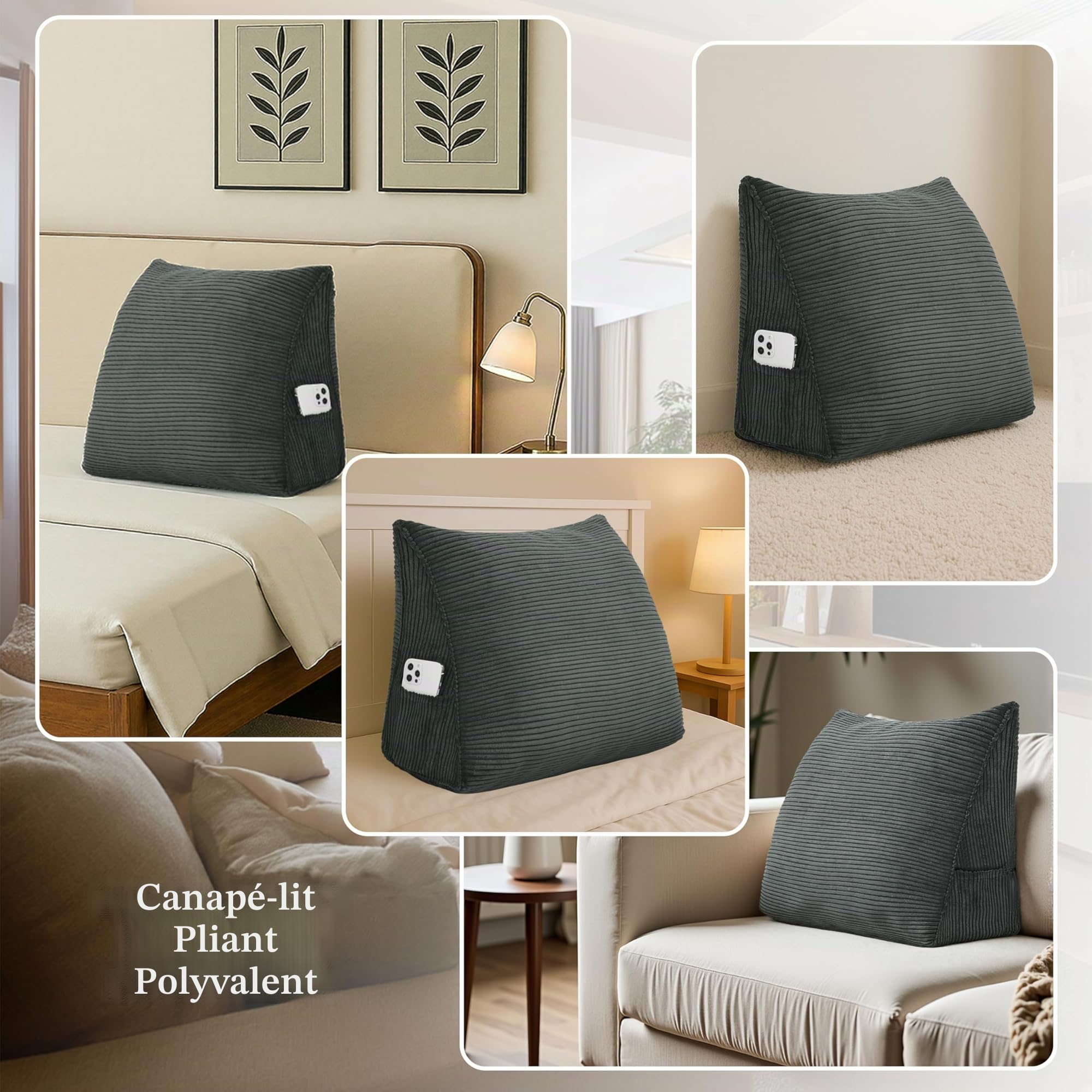Coussin de Lecture Triangulaire en Velours Côtelé - Support Ergonomique pour Tête de Lit et Canapé - Housse Amovible Lavable (Gris Foncé, 45x35x20cm)