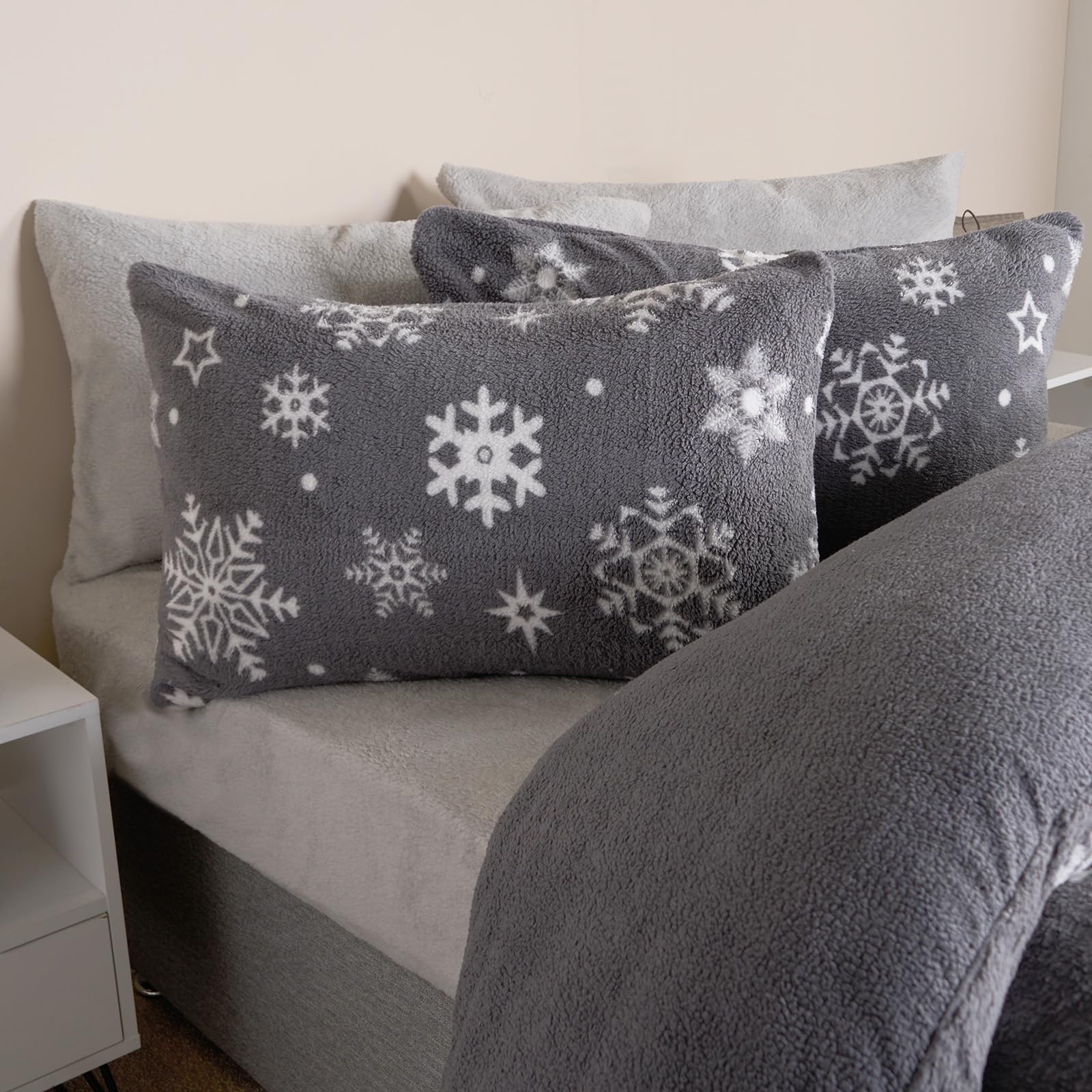 OHS Christmas Duvet Set Single Teddy Fleece, Grey Winter Bedding Set Single Duvet Cover Warm Super Soft Comfy Fluffy Bedding with Pillowcase Quilt Cover, Snowflakes