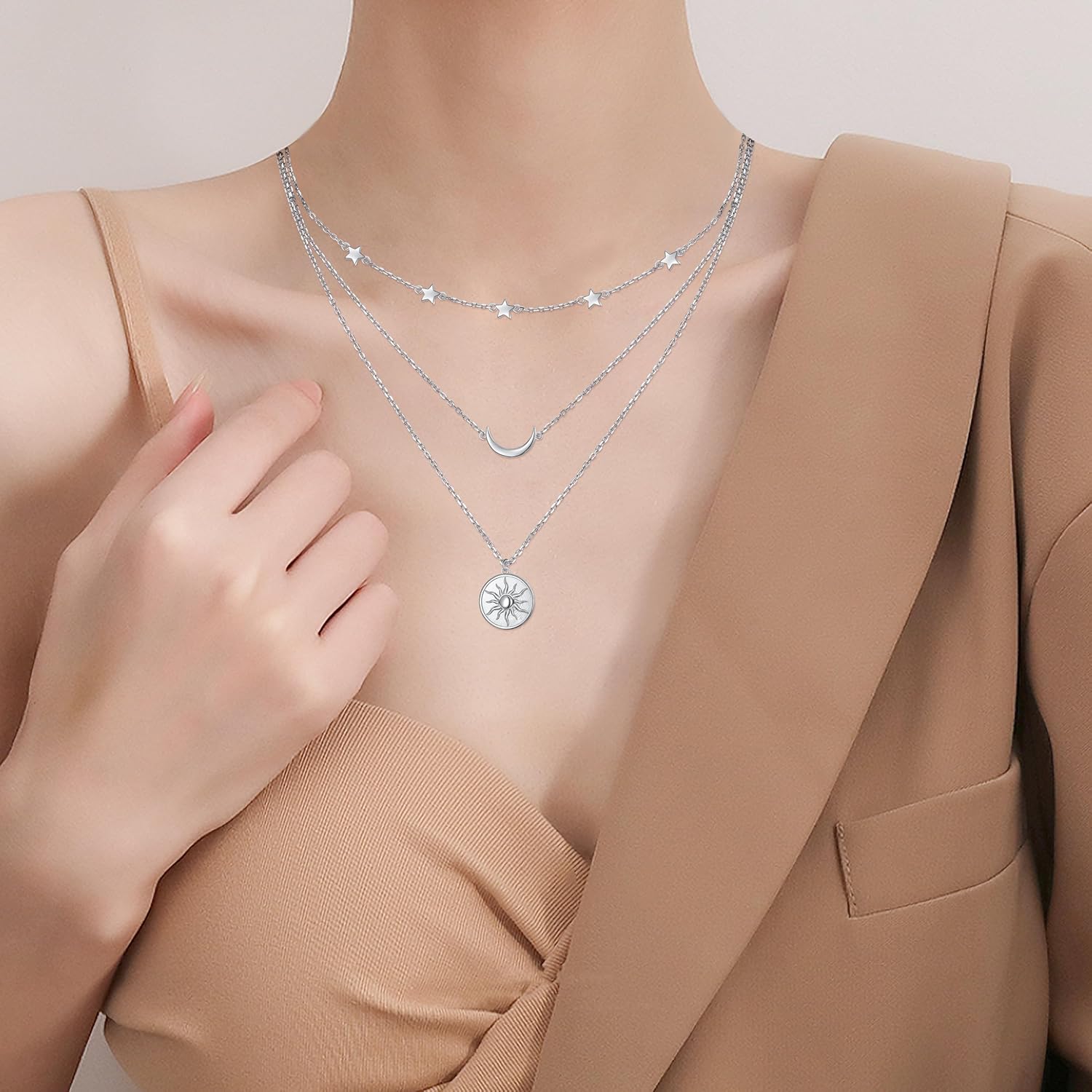 S925 Sterling Silver Layered Necklaces Multi 3 Layer Circle Bar Boho Long Triple Choker Pendant Necklace Jewerly Gift for Women - Image 6