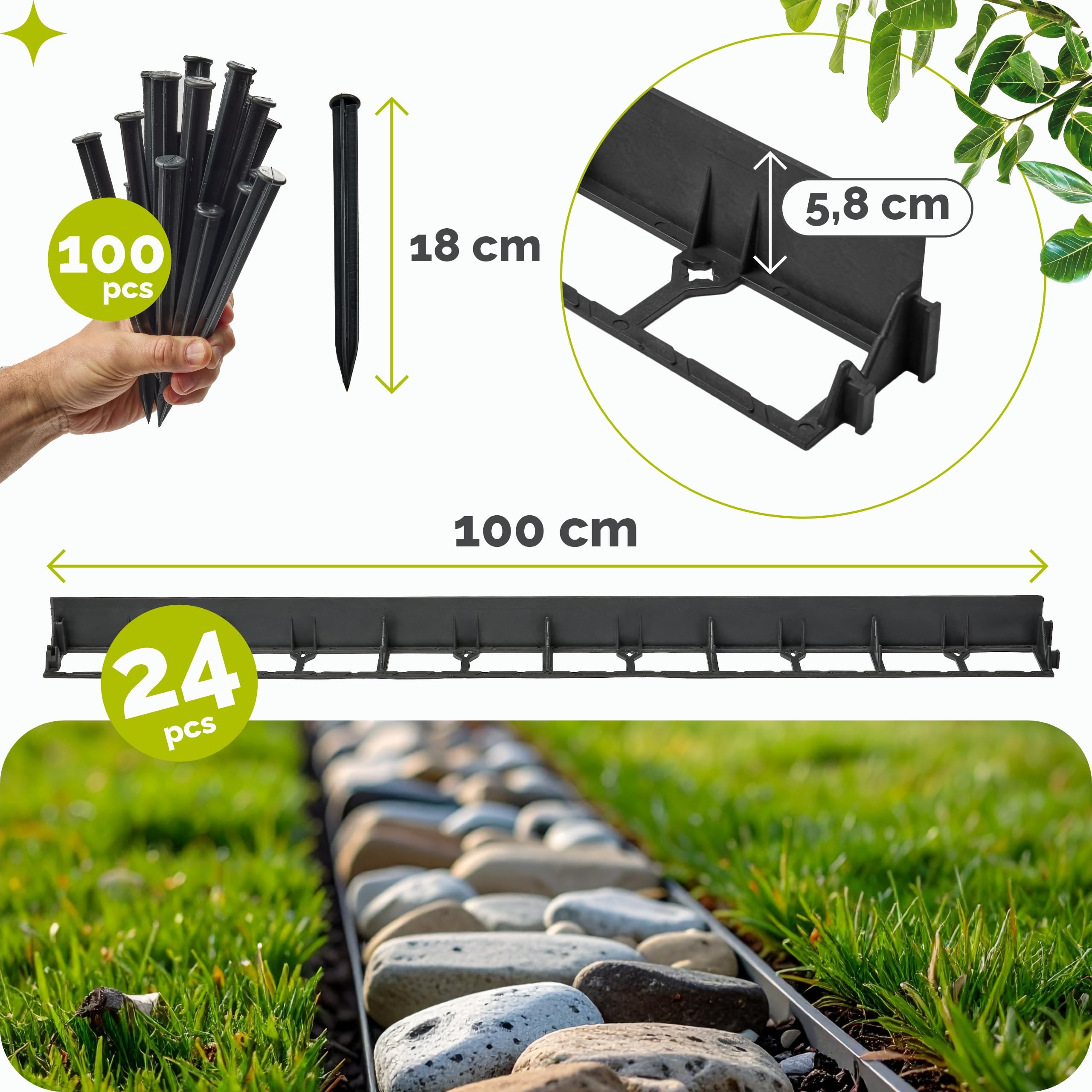 Garronda Bordure de Jardin 24 m, Bordurette Flexible Plastique Noir 5,8 cm avec 100 Piquets, Délimitation Pelouse Massifs Potager, GD-0157