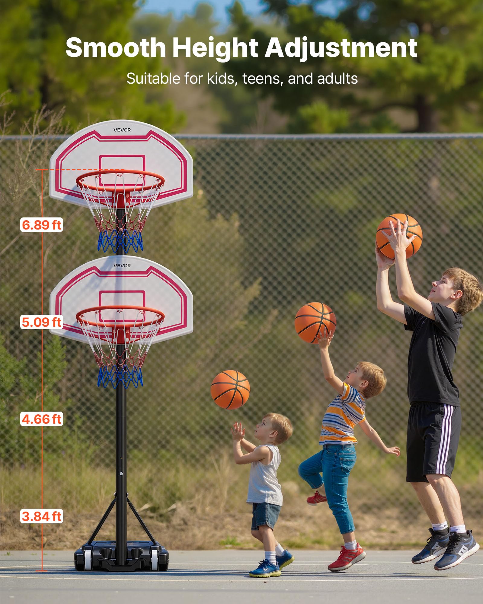 VEVOR Panier de Basket-Ball sur Pied Hauteur Réglable de 1,6 à 2,1 m, But de Basketball Mobile avec Roues, Système de Cerceau Panneau et Filet en Nylon pour Basket, pour Terrasse Extérieur Intérieur