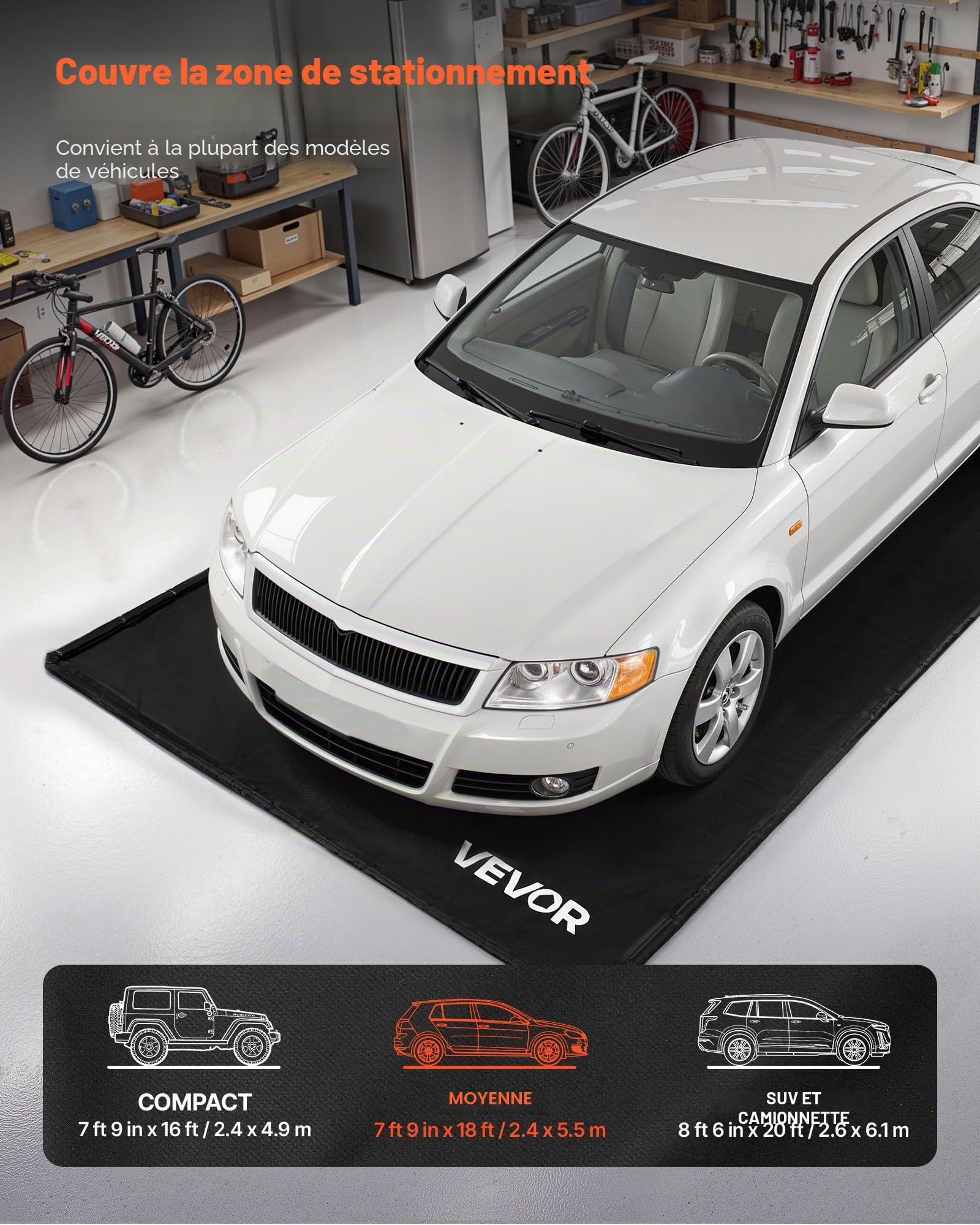 VEVOR Tapis de Confinement Imperméable 2,4x5,5 m, Tapis de Sol de Garage Antidérapant, Rétention à Bord Surélevé, en PVC, avec Raclette de Nettoyage, Contre Neige, Pluie et Boue, pour Voiture