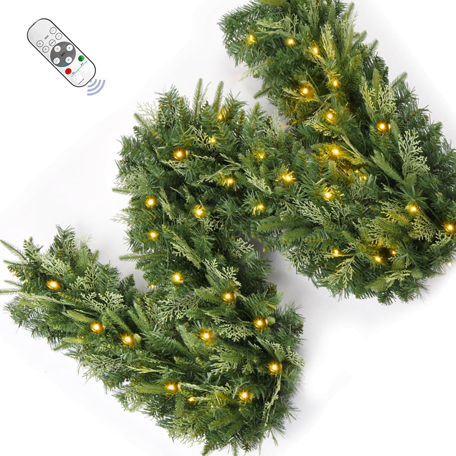 Christmas Garland with Dual Color 50 LED Lights 9 Ft, Prelit Xmas Garland with Cypress Leaf, Timer by Remote Control and Batteries Operated for Mantle Staircase Indoor and Outdoor