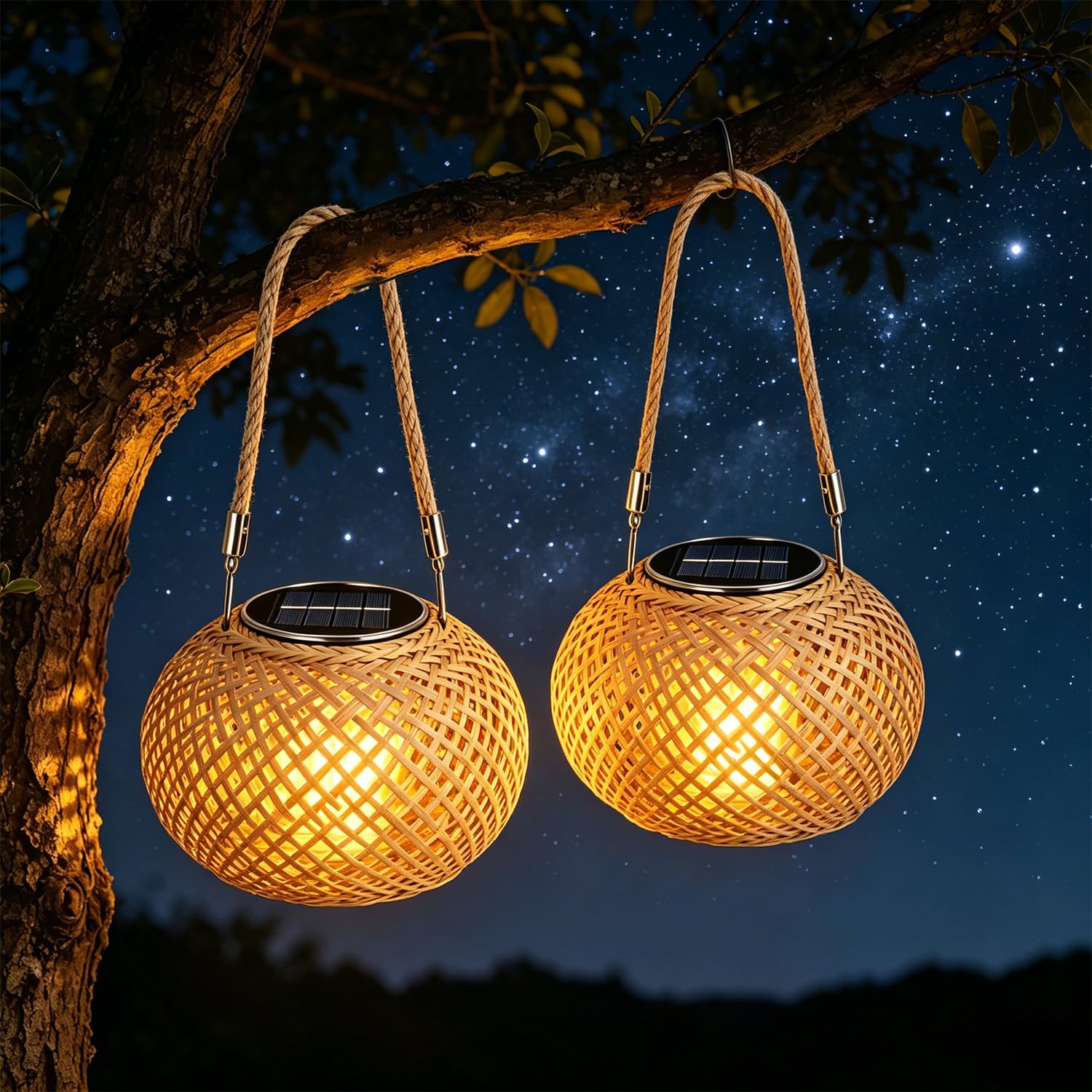 Pack of 2 Solar Lights for Outdoor Hanging/Standing, IP65 Weatherproof Rattan Solar Lantern with LED, Solar Lanterns for Garden, Balcony, Patio, Outdoor, Boho Table Lamp, Solar Lanterns as Garden