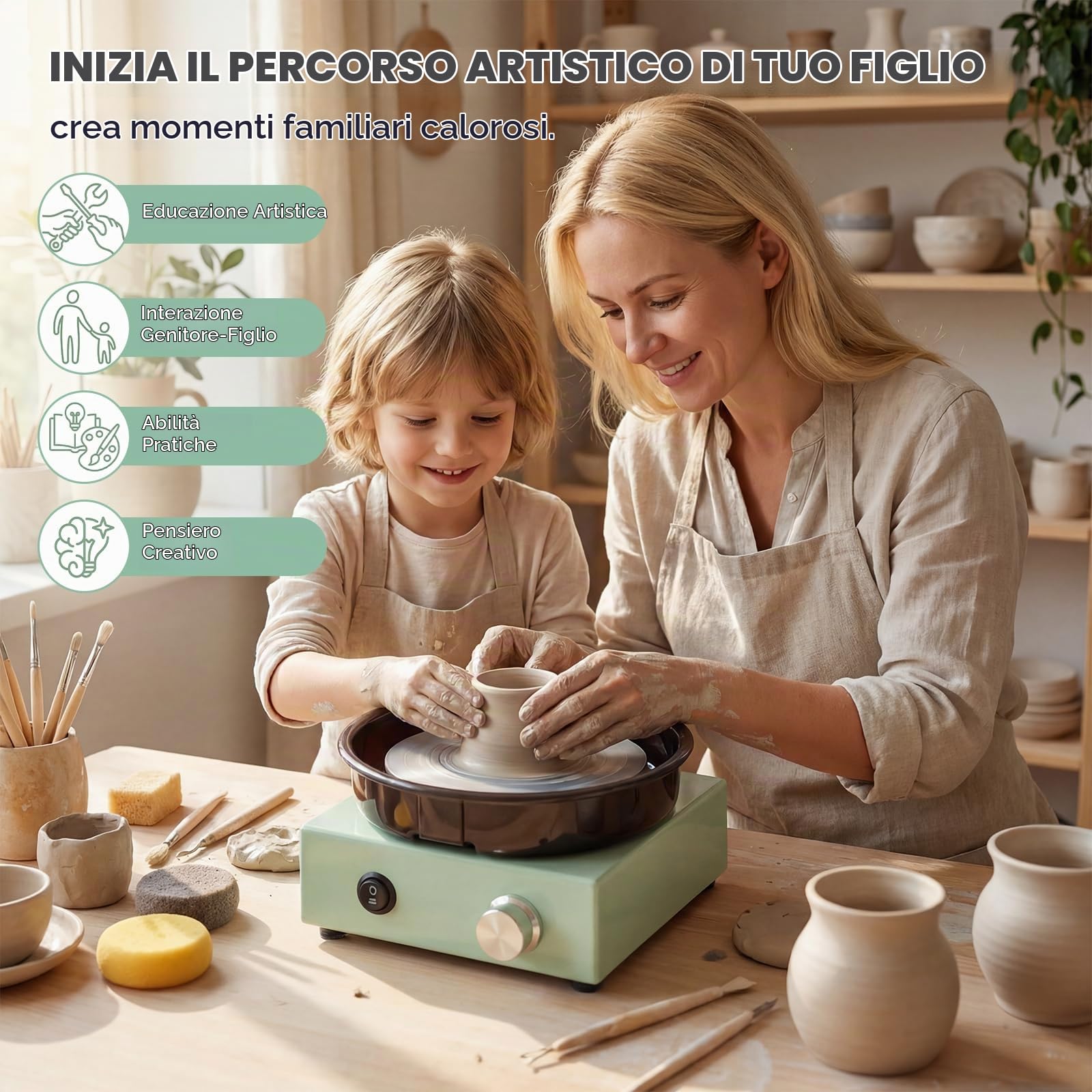 Mini Tornio per Ceramica tornio per ceramica bambini kit ceramica Macchina Elettrica per Ceramica Vassoio Rimovibile， Kit con 25 Strumenti per Scultura，Macchina Ceramica DIY per Principianti