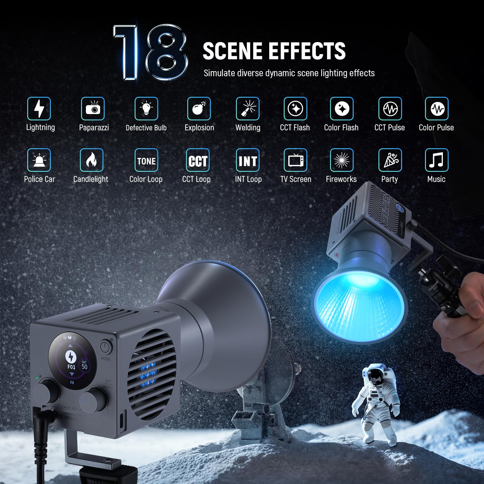 NEEWER 60 W RGB LED światło wideo, ręczne światło wypełniające, aplikacja / 2,4 G/panel sterowania 18 scen 8700 Lux/1 m 2700-6500 K CRI97+, ściemniana moc światła ciągłego COB do nagrywania wideo