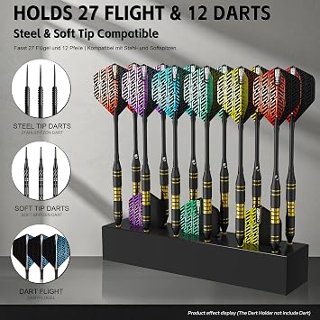 CyeeLife Dart Stand Wall Mount,Wooden Dart Holder,12 Darts Display/Station,Darts Storage for Steel & Soft Tip (Black)
