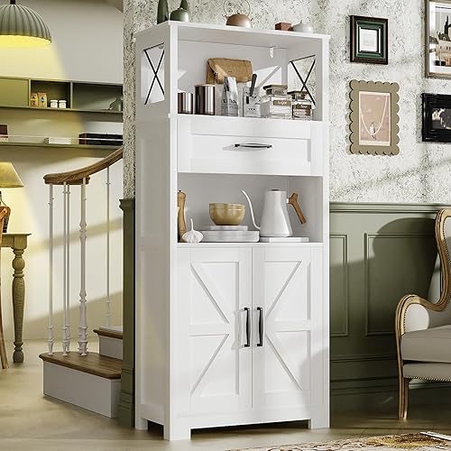 White Kitchen Pantry Cabient, 55.12" Tall Farmhouse Freestanding Pantry Storage Cabinet with 2 Barn Doors, Drawer & Adjustable Shelves, Kitchen Buffet Cupboards Storage Cabinet for Dining Room