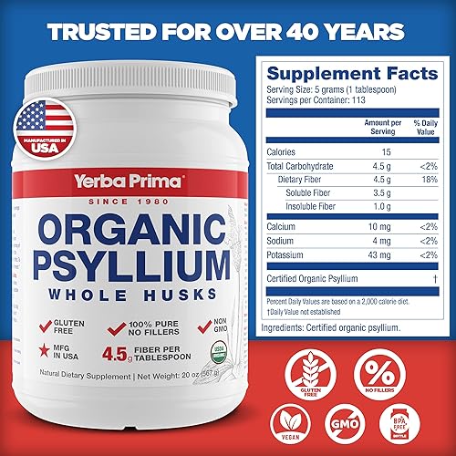 Vista 2 de Yerba Prima Limpiador de colon de cáscaras enteras de psyllium orgánico, 20 onzas, suplemento dietético natural de fibra dietética de 20 onzas