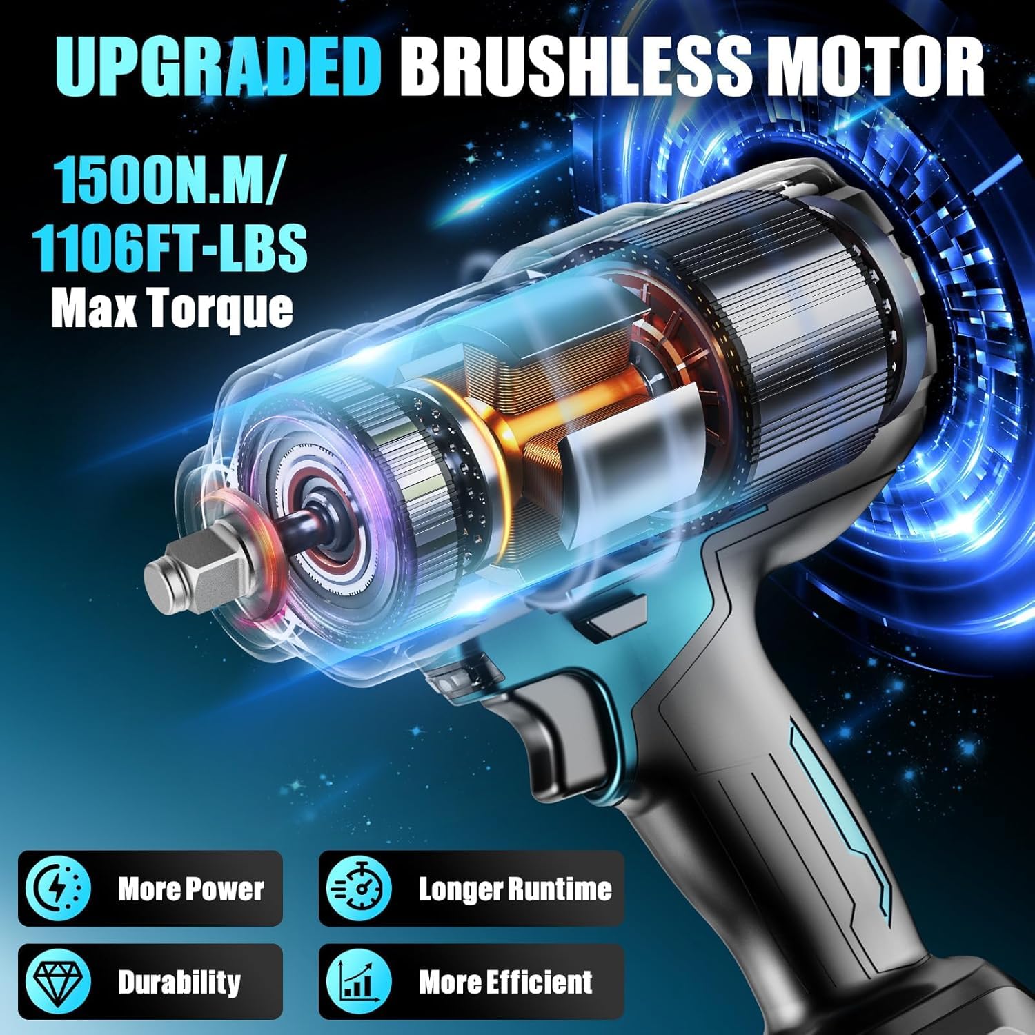 1500 N.m Akku Schlagschrauber, 1/2" Bürstenloser Motor Schlagschrauber mit zwei 4000 mAh Batterie, Schnellladegerät, 5 Stecknüsse, Drehschlagschrauber und Fall für Haus und Auto