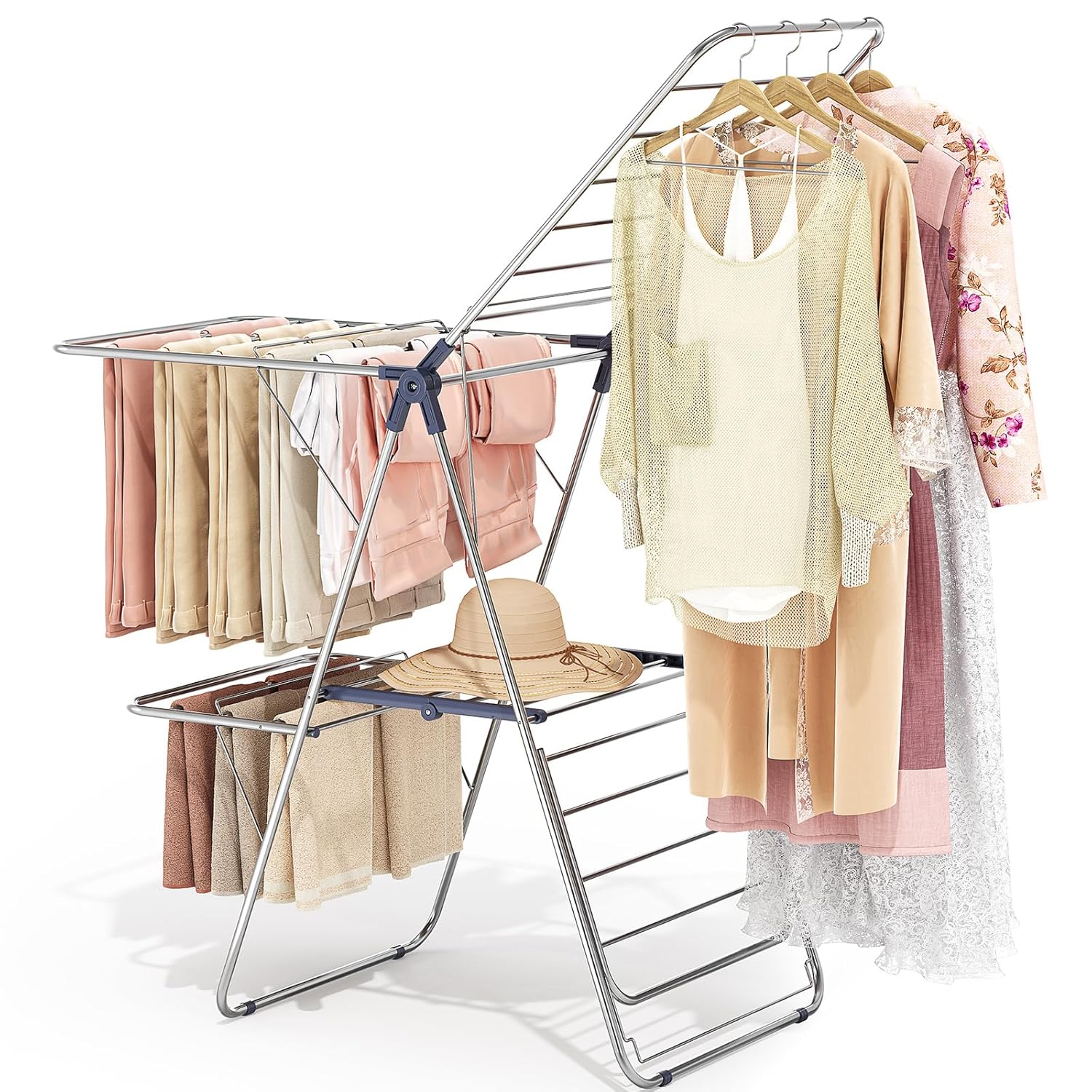 APEXCHASER Clothes Drying Rack with 4 Wings, Stainless Steel Drying Rack Clothing with Height-Adjustable, Foldable Gullwings Laundry Drying Rack, Indoor Outdoor Use, No Assembly, Blue Blue 4 wings