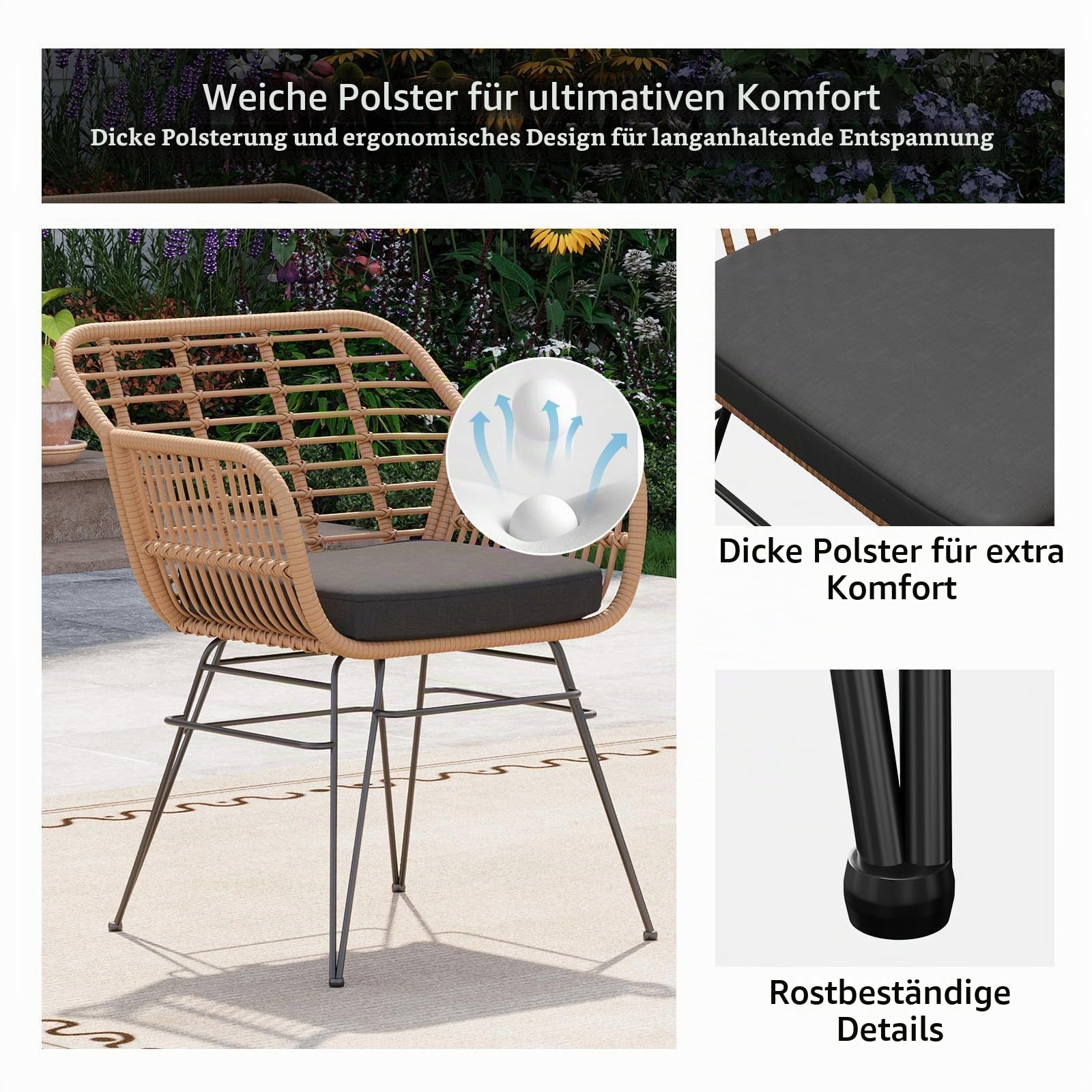 3-teiliges Rattan Gartenmöbel Set, Bistrotisch mit 2 Stühlen，Balkonmöbel