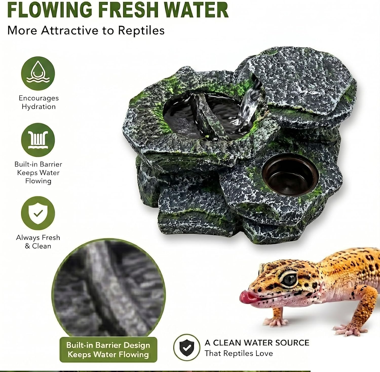 2 in 1 Reptile Water Fountain Food Dish Rock Waterfall for Bearded Dragon