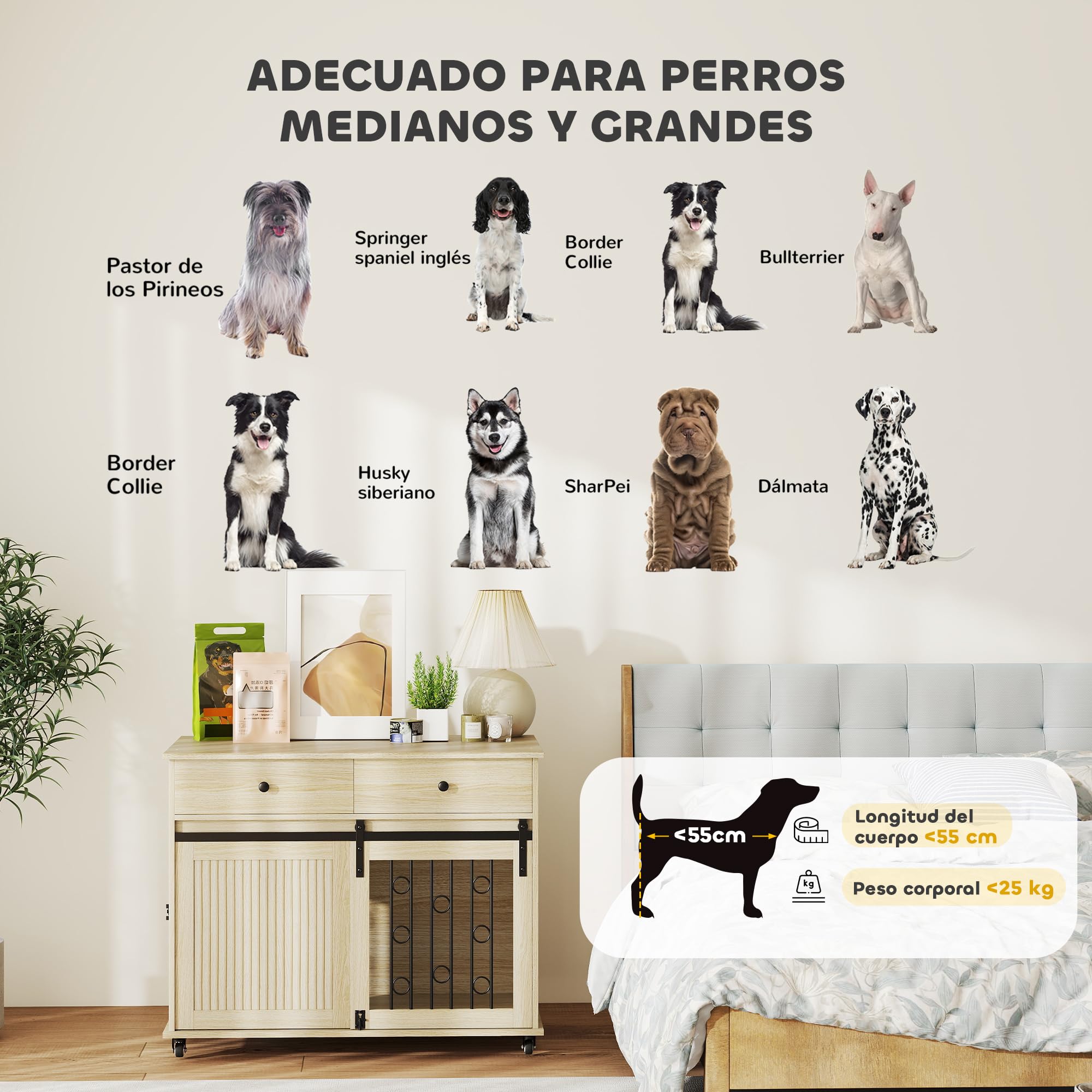 PawHut Jaula para Perros con Ruedas y Mesa Auxiliar, Casa Moderna para Mascotas con 2 Cajones, Cierre y 2 Puertas, para Perros Medianos y Grandes, 100x56x81 cm, Roble