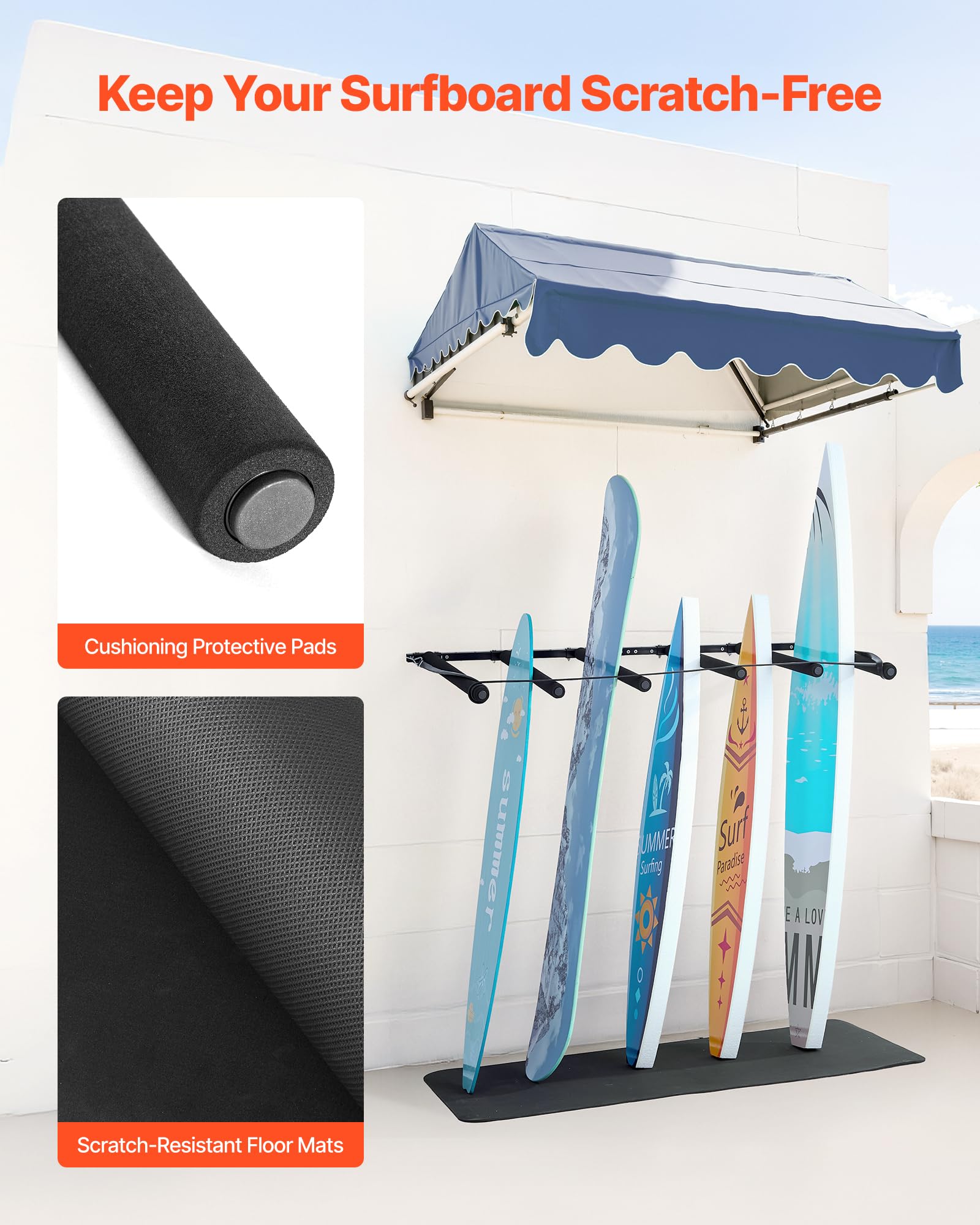 VEVOR Support Vertical pour Planche de Surf à 5 Niveaux, Support Mural pour Rangement et Exposition, Affichage réglable en métal avec Coussinet en éponge, pour Planche à Neige, Kitesurf, Skateboard