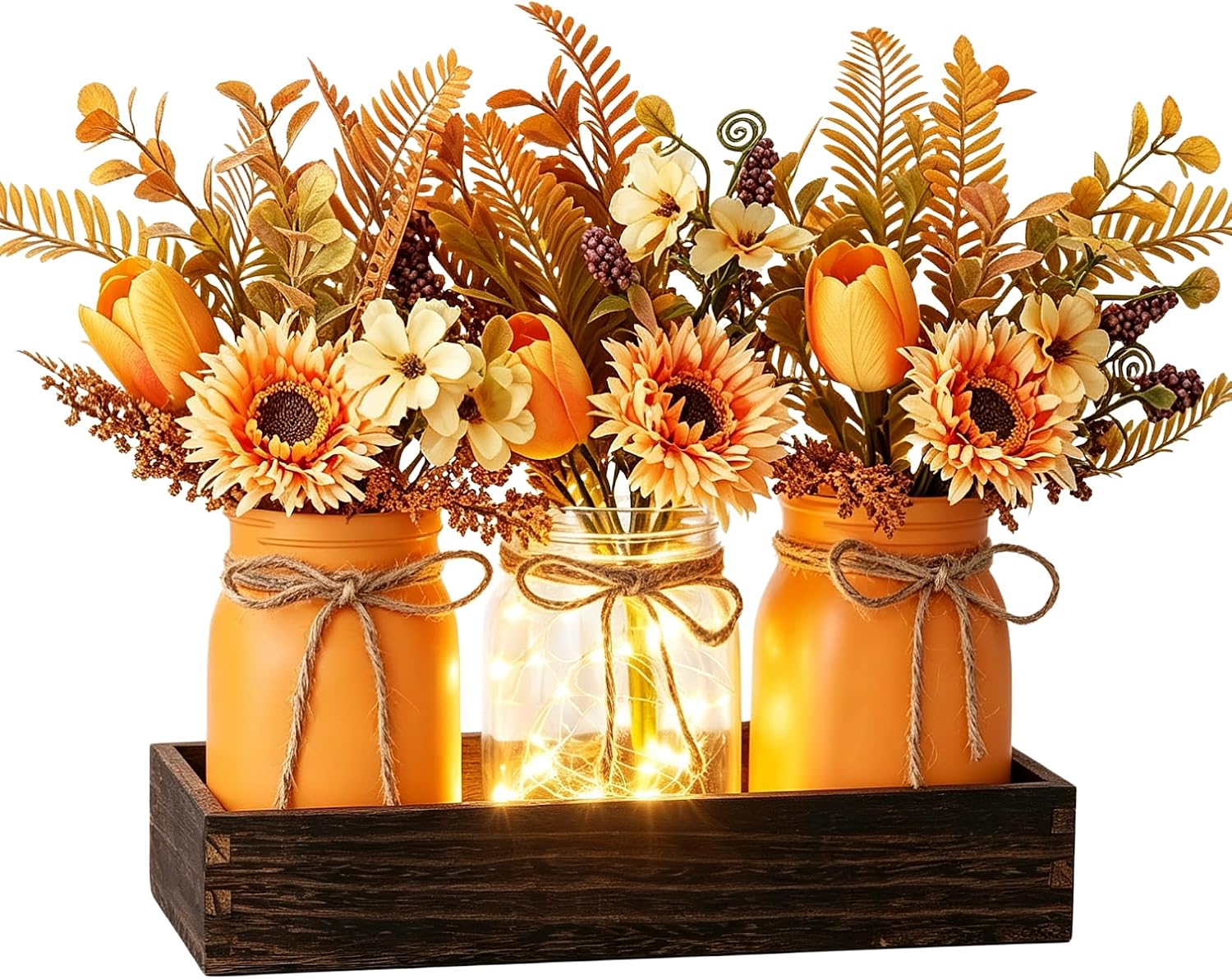 Mason Jar Lights Centerpiece Table Decor-Artificial Sunflowers & Tulips