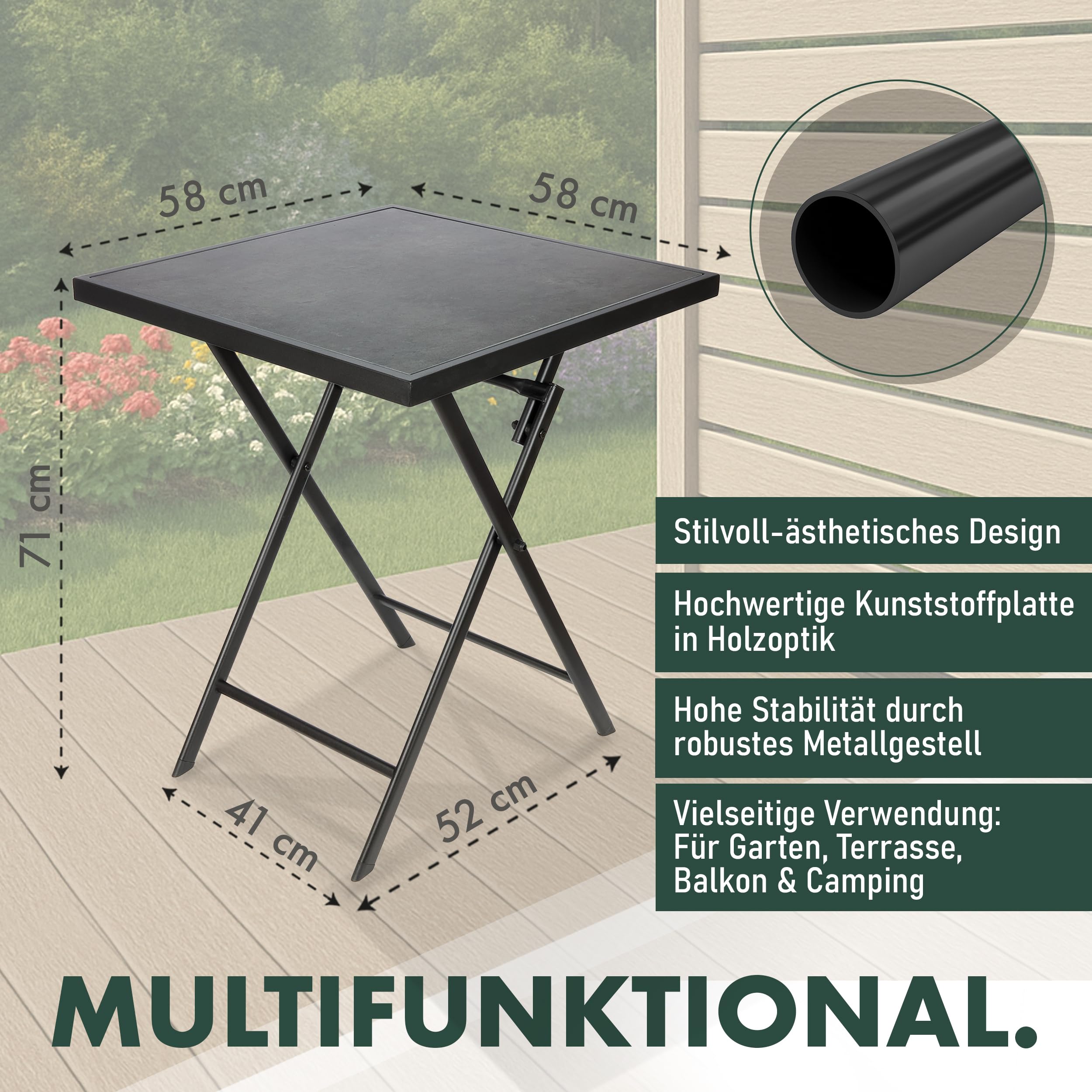 BRUBAKER Gartentisch Bergamo - 58 x 58 cm Balkontisch wetterfest - Metall Beistelltisch klappbar - Campingtisch eckig mit Stein Optik - Klapptisch für Balkon, Terrasse - Bistrotisch - Grau