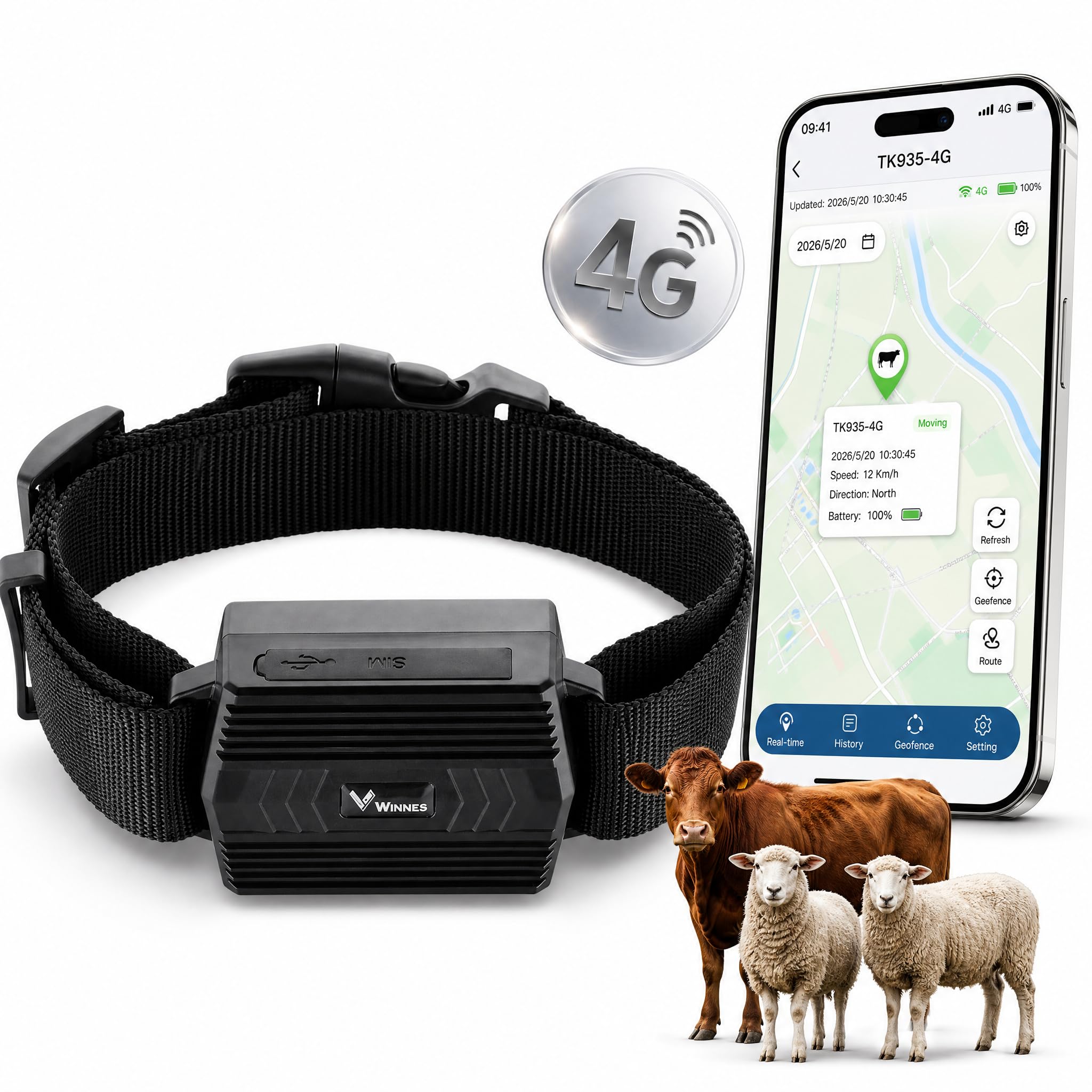 4G Collar GPS para Perros de Caza 3000mAH Batería Localizador GPS para Caballos Vacas Ovejas Animales Grandes IP66 Resistente al Agua Seguimiento en Tiempo Real, Alerta de Geocerca TK935