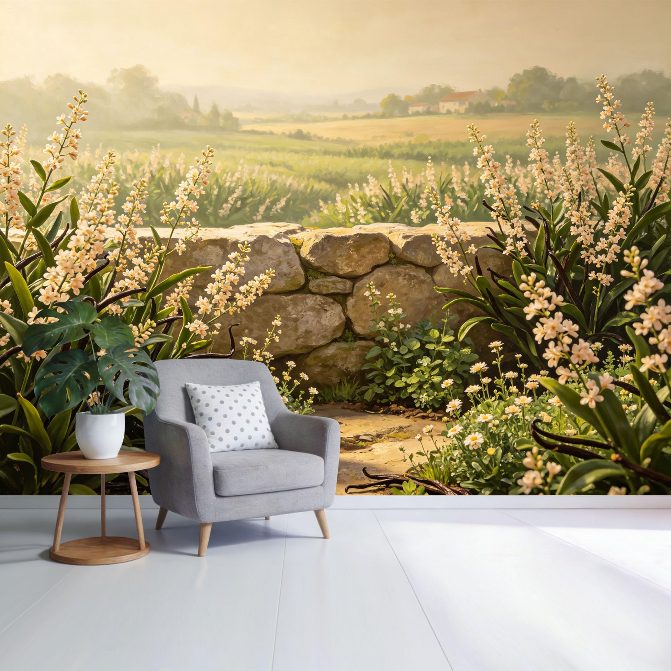 Custom Size Wall Mural Botanical Countryside Garden Path Stone Wall Flower Field Landscape SelfAdhesive Wall Fabric Removable Wallpaper for Home Office Decor