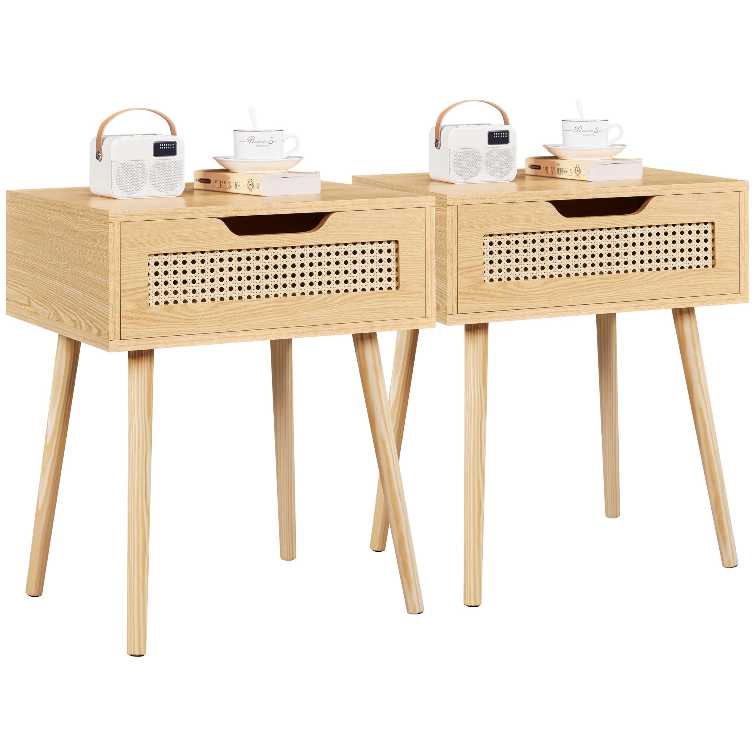 Yaheetech 2er Set Nachttisch Rattan Beistelltisch mit Schublade Nachtkommode Holzbeine Sofatisch Nachtkommode für Schlafzimmer/Wohnzimmer, Hellbraun