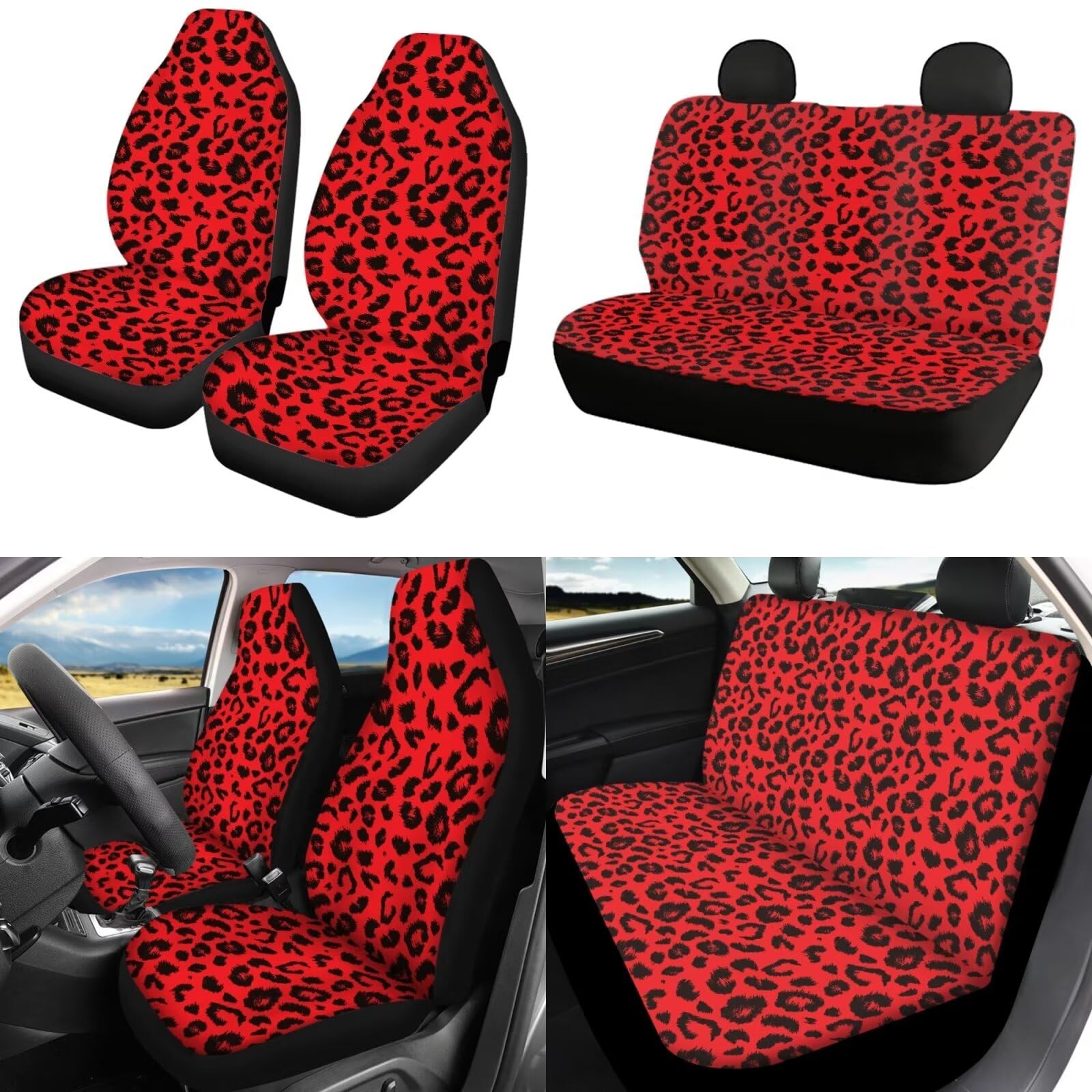 POLERO Juego de fundas para asiento de coche y accesorios con estampado de leopardo rojo, 11 piezas, funda para volante con estampado animal de guepardo rojo, almohadillas para cinturón de seguridad