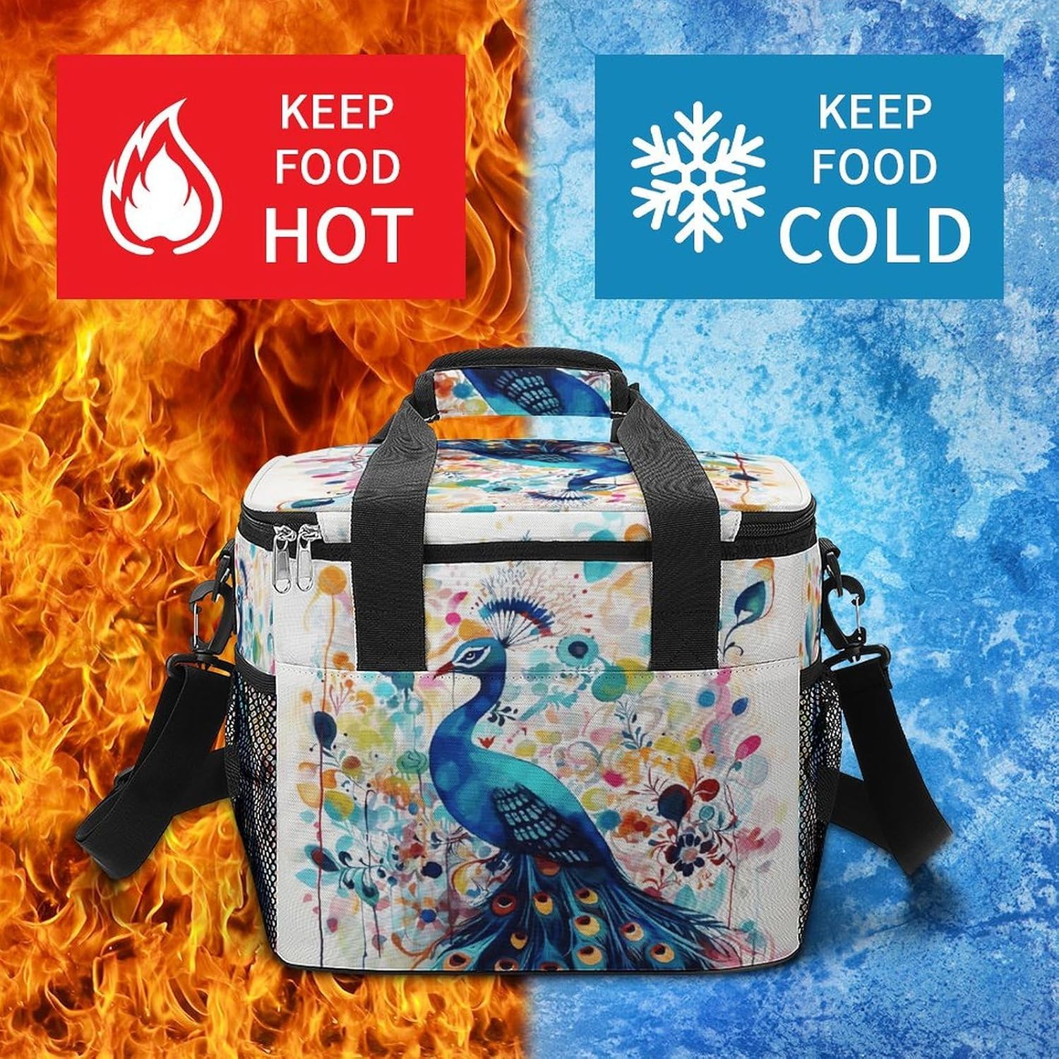 Color Peacock Cooler Bag Portable Insulated Lunch Bags Leakproof Ice Chest Large Capacity Soft Cooler Tote for Picnic Camping Work Travel Keep Food Drinks Fresh 22.5L