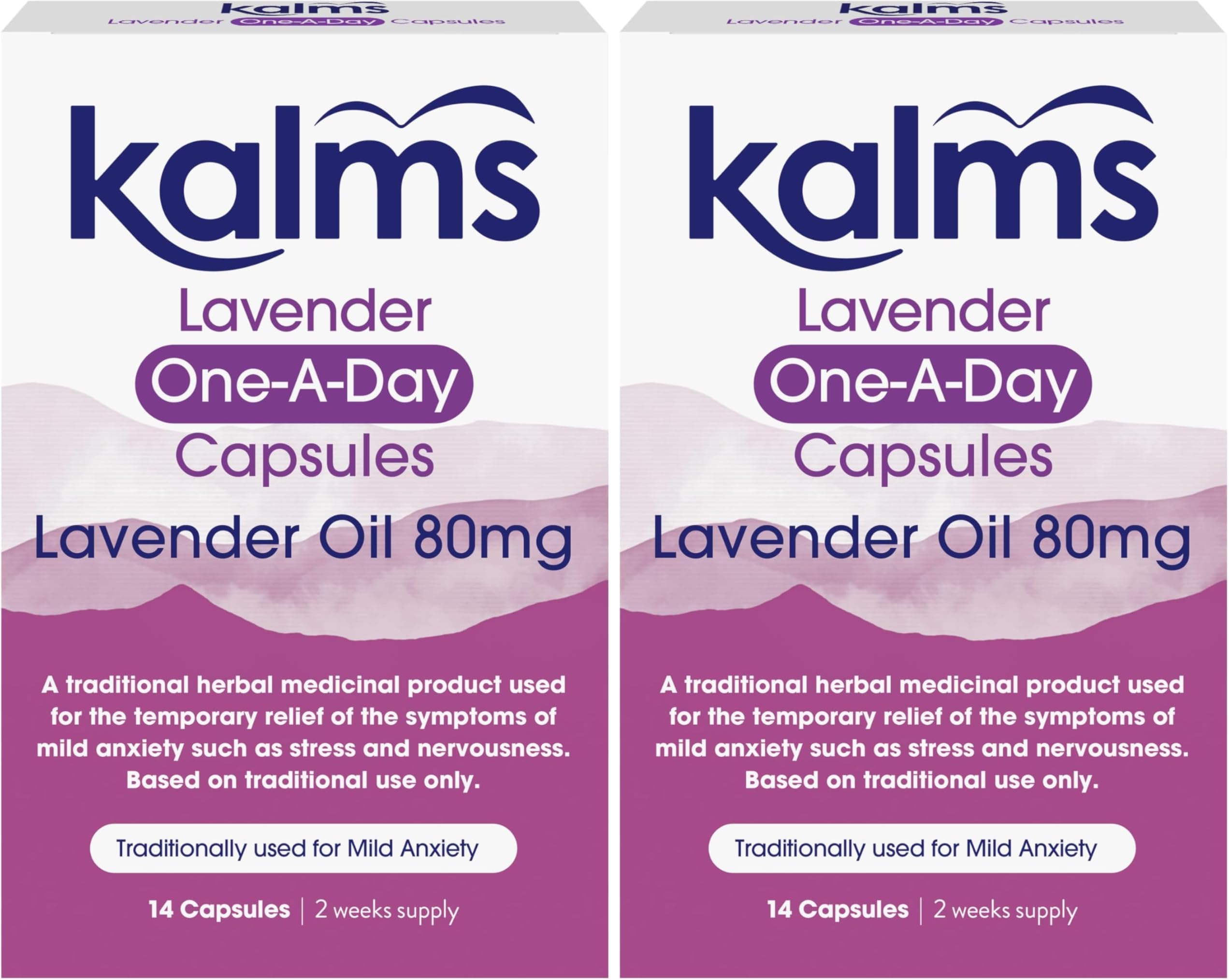 Kalms Lavender - One-a-Day - 14 Capsules - A Traditional Herbal Medicinal Product Used for the Temporary Relief of the Symptoms of Mild Anxiety Such as Stress and Nervousness (Pack of 2)