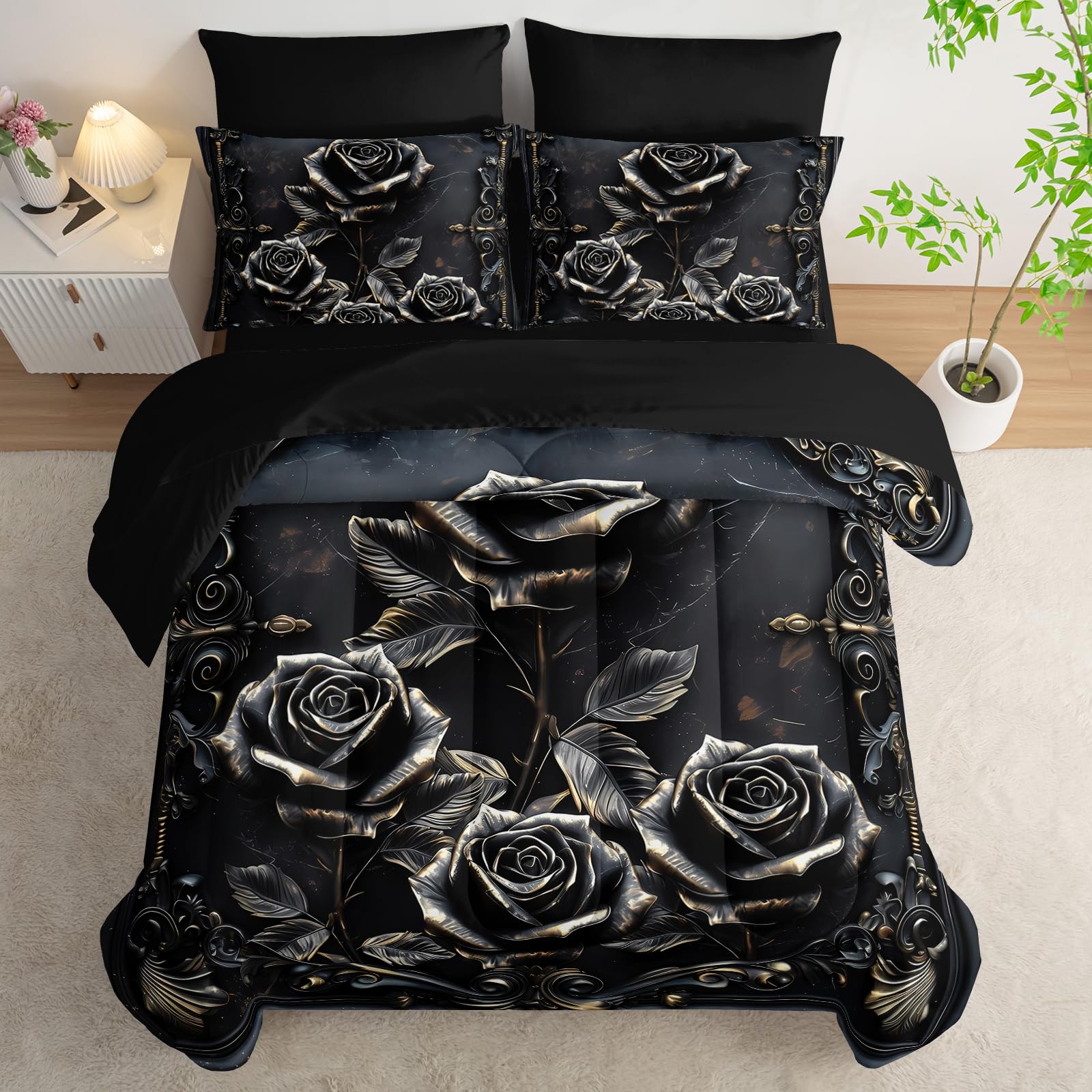lneffble Comforter Set Queen Size Bed 7 Piece Roses，Black Queen Quilt Bedding Set Roses，Rose Bedroom Decor for Bed，(1 Comforter, 1 Flat Sheet, 1