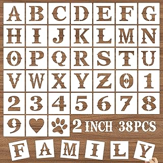 2 Inch Letter Stencils and Numbers, 38 Pcs Alphabet DIY Craft Stencils, Reusable Plastic Drawing Templates for Painting on Wood, Wall, Fabric, Rock, Chalkboard, Floor, Signage, Door Porch