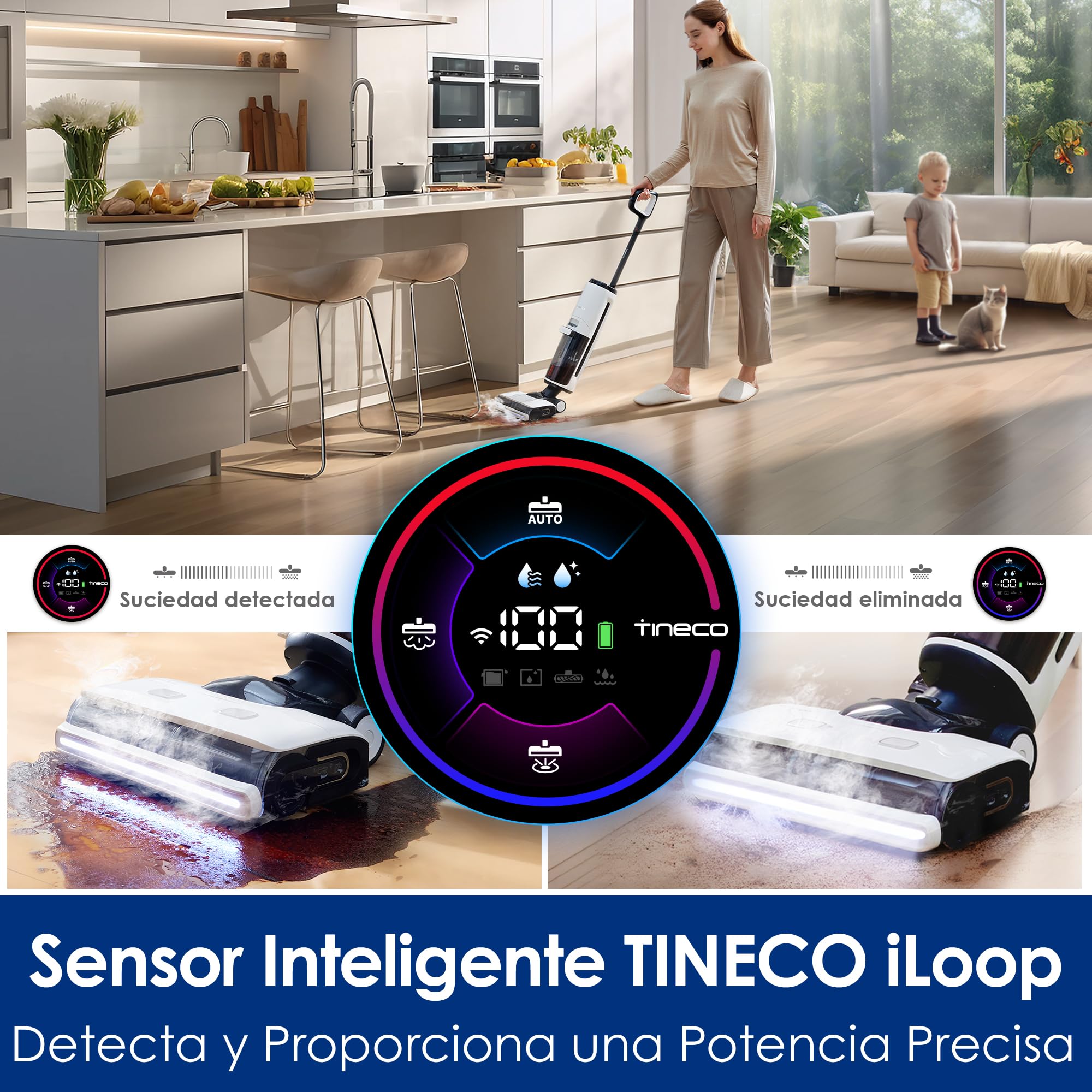 Tineco Floor One S7 Steam Limpiador de Suelos Inalámbricos, Escoba Vapor para Sucios Pantimedias en Suelos Duros con Pantalla, Autolimpieza, Limpieza de Bordes, Autopropulsión | Vapor caliente a 140° C, Limpieza Autopropulsada, Ligera e Inalámbrica, Aspir