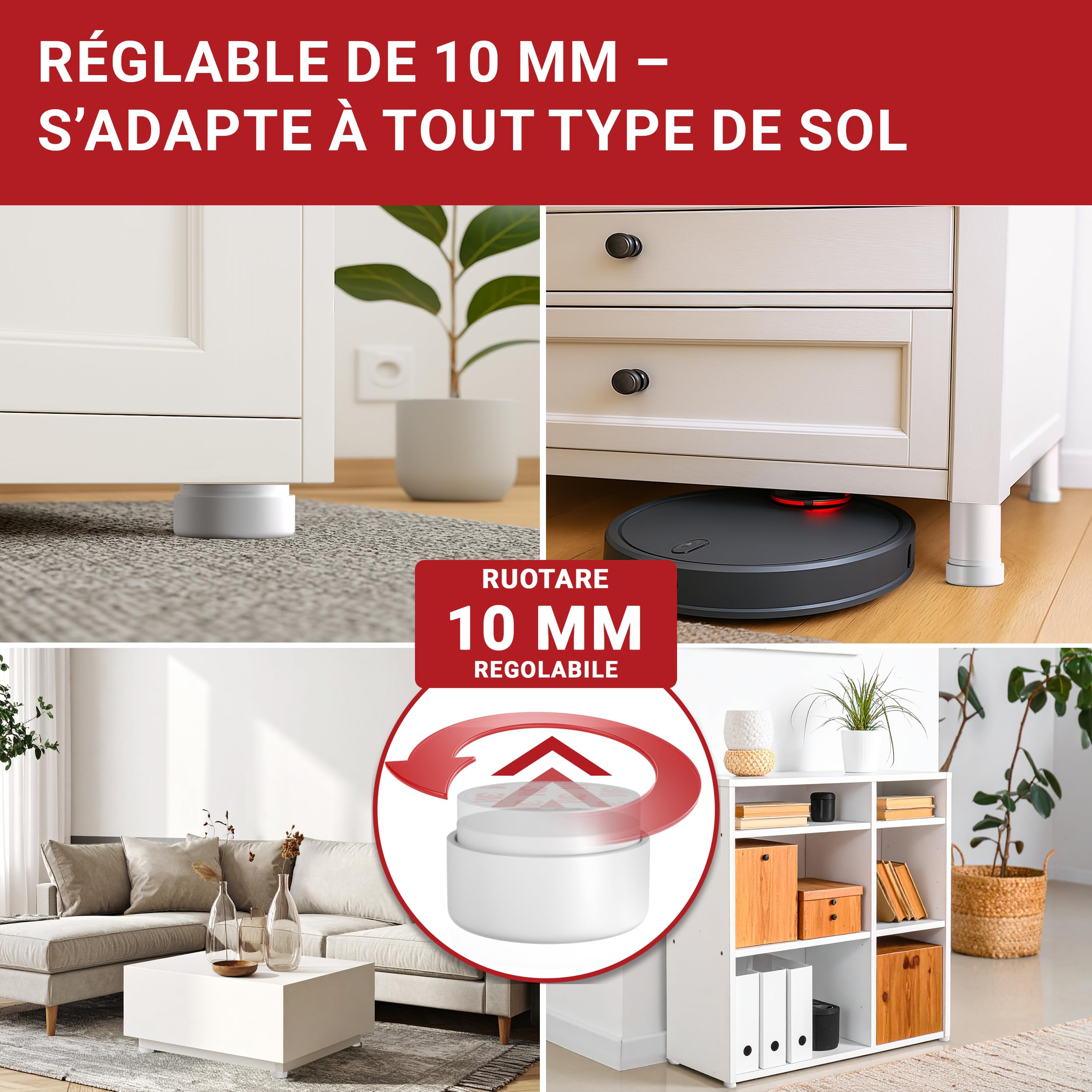 LouMaxx Piedini per Mobili Adesivi Regolabili in altezza Ø 55,5 mm – Piedini Mobili Bianchi Altezza Regolabile – Rialzi per Mobili con Materiale di Montaggio – Set da 8