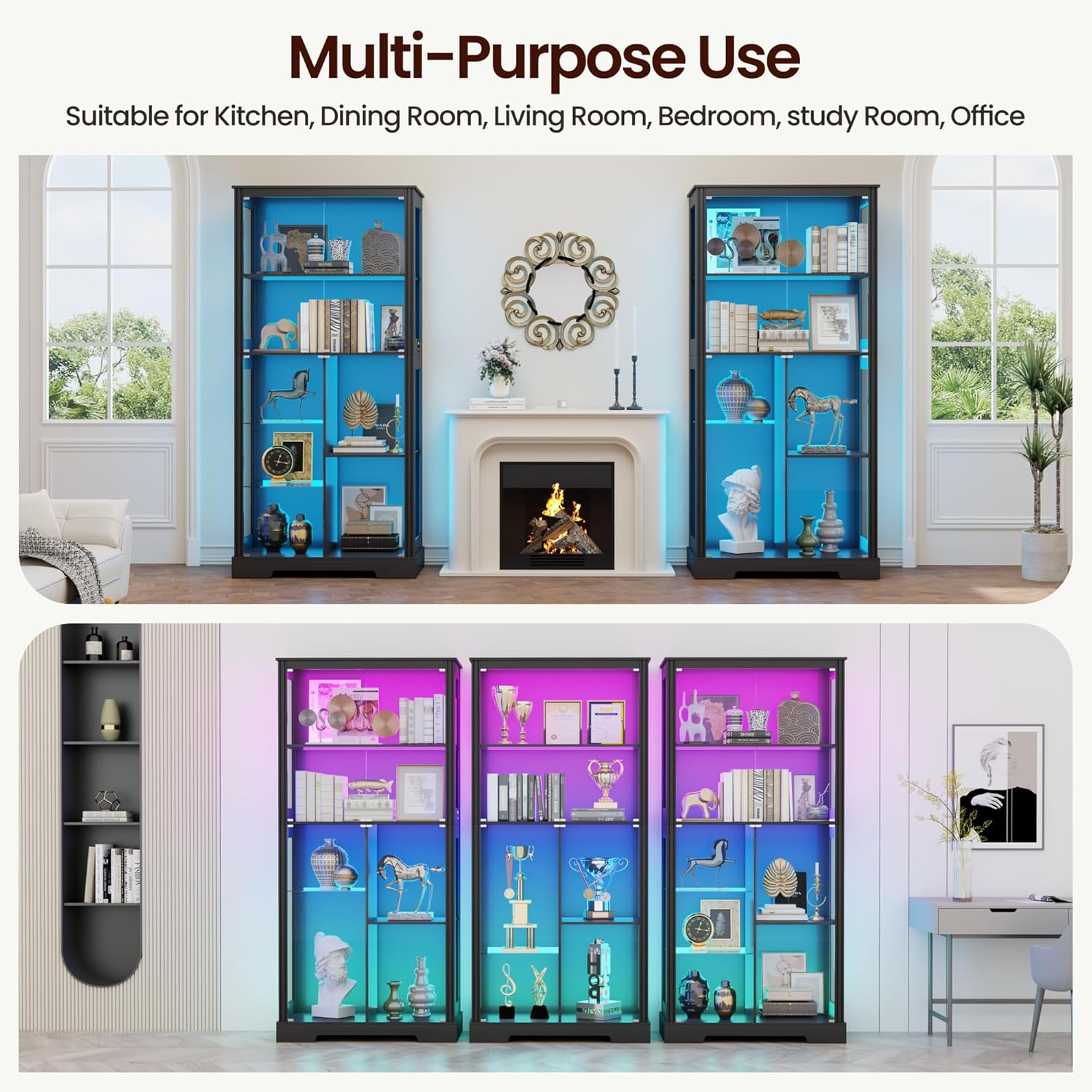 71” Glass Display Cabinet with RGB Light - Curio Cabinet with Glass Doors for Collectibles, 7-Tiers Tall Display Case with Human Sensor, Showcase with Removable Shelves for Figures, Lego (Black)