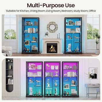 Lvifur Display Cabinet with Glass Doors - 71'' Tall Curio Cabinet with RGB Lights for Collectibles, LED Display Case with 7-Tier Shelves for Book/Medal/Figure for Living Room (Black)