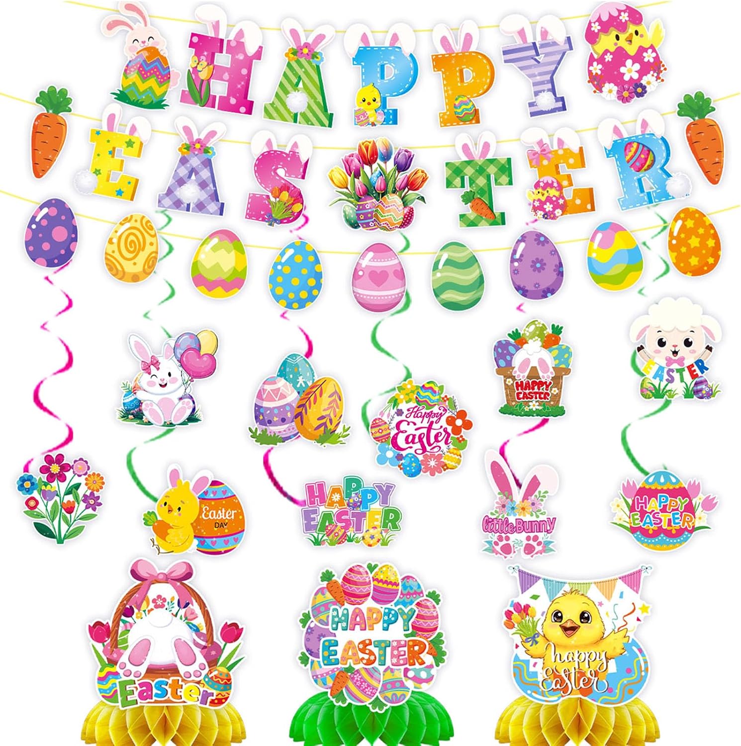 48-Piece Easter Decor Set - including Easter eggs, bunnies, and hanging spiral ornaments, perfect for home, school, classroom, and Easter party decorations