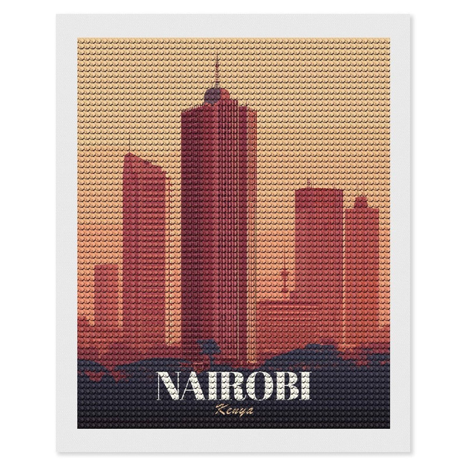 Junmoney Nairobi Kenya Skyline Illustration Diamond Painting Canvas Kit 16"x20", Leisure Activity, Aesthetic Room Decor, with Tool Kit, DIY, Gift