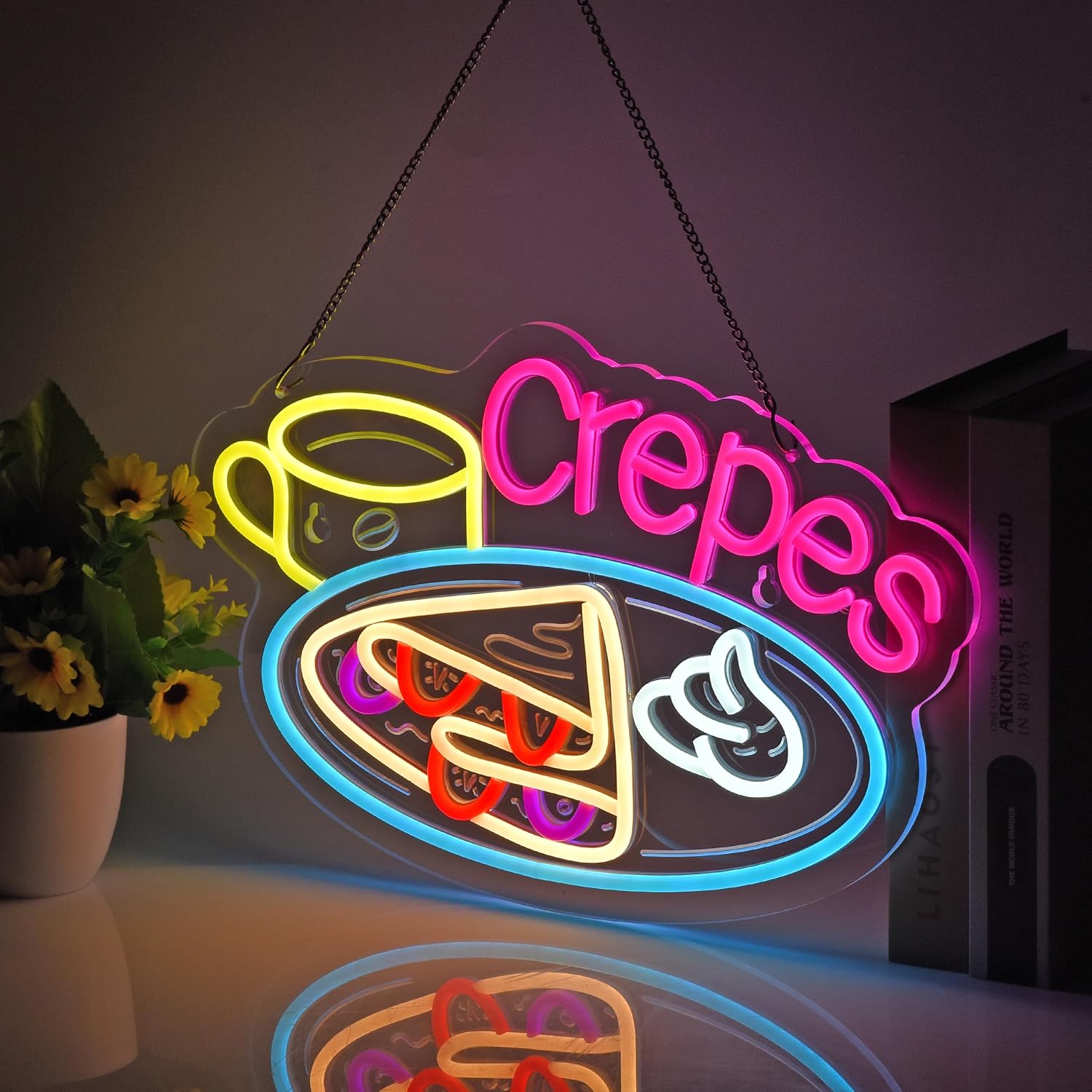 Crepes Neon Sign, Neon Lights Hanging Wall Art Decoration for Business Restaurant Shop Store House Bar Cafe Party Home Decor, USB Powered Ultra Bright Dimmable,16.14×10.63inches