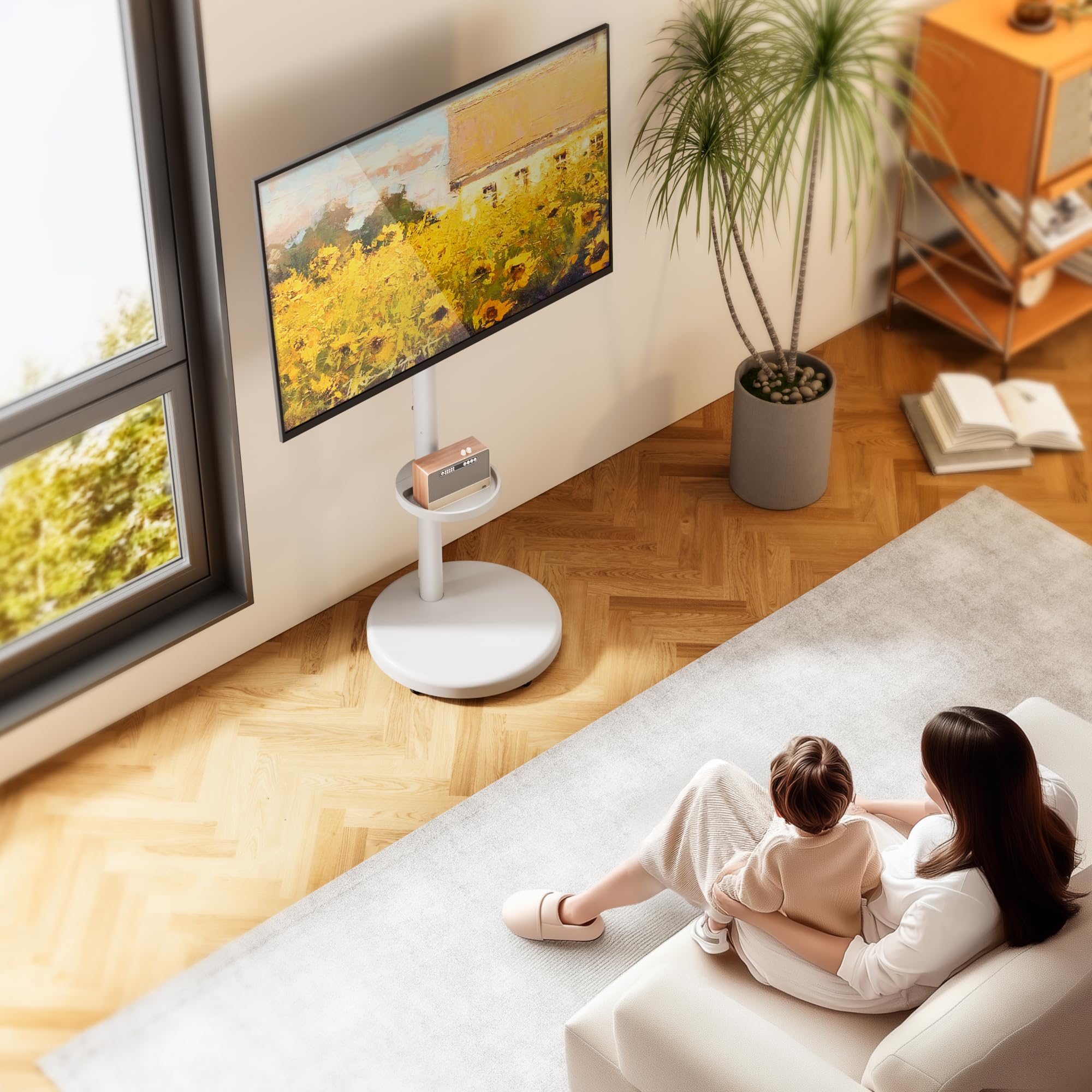 Stojak pod telewizor z regulacją wysokości, do telewizorów 37-86" | udźwig 50 kg, format pionowy i poziomy, stabilny, mobilny wózek pod telewizor z półką, maks. VESA 600 x 400 mm (biały)