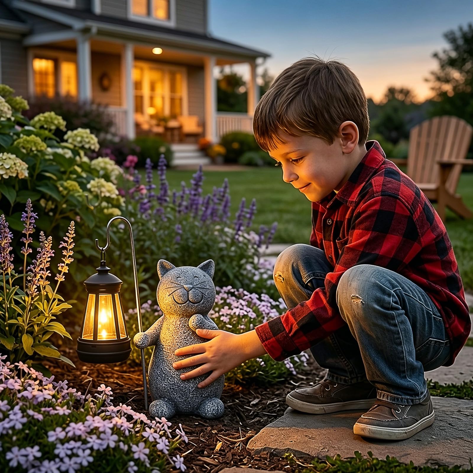 Yeomoo Katze Gartenfiguren für Außen mit Solar Laterne – Lustig Wasserdicht Solarlampe Figur Gartendeko für Draußen Balkon Terrassen Geschenke für Frauen Männer Mama Geburtstag Feengarten Grau