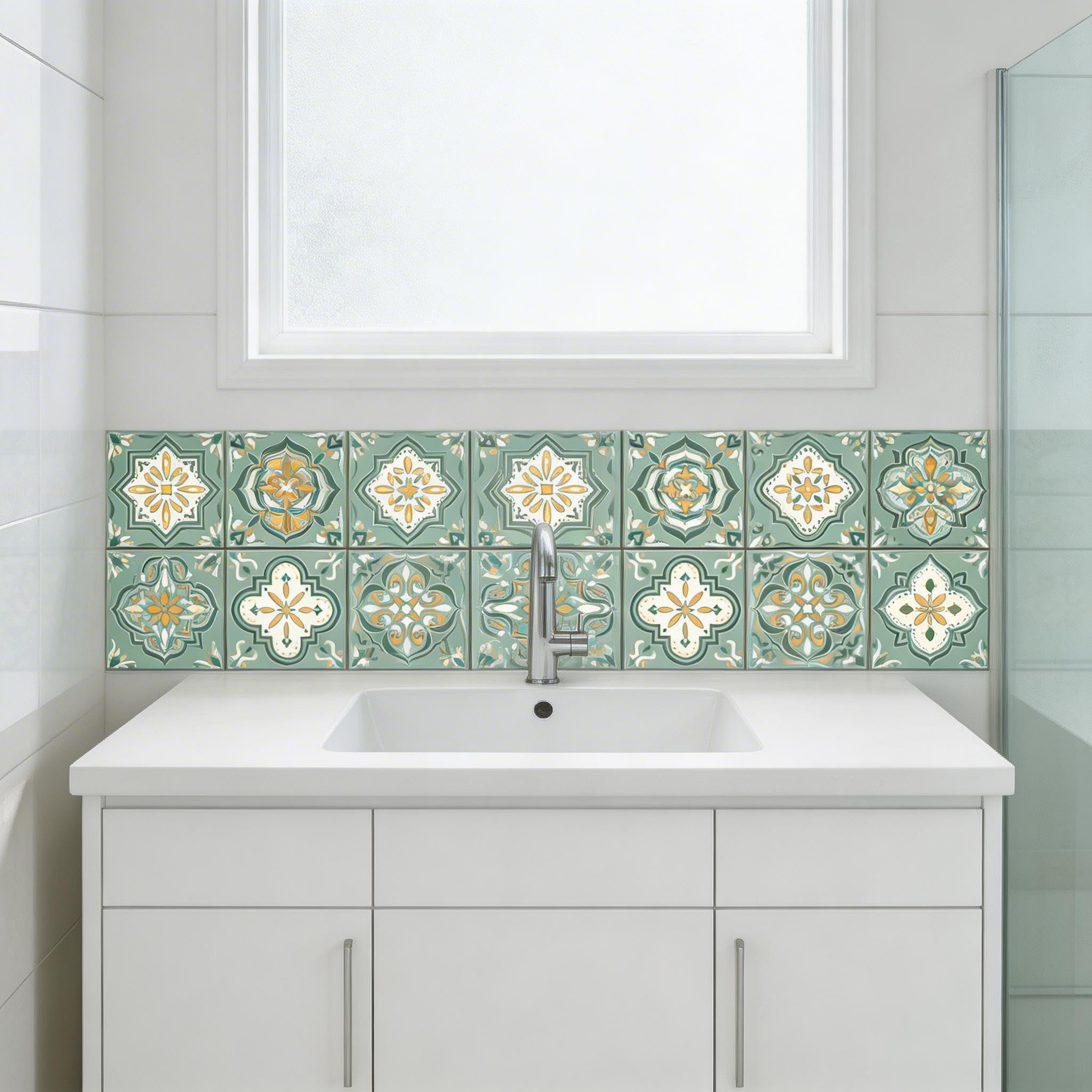 CHGCRAFT 36 pièces 10x10cm Autocollants Carrelage Mural Céramique Vert et Jaune Autocollants de Carreaux Muraux Étanche Imperméables Décoratif Autocollant pour Cuisine Salle de Bains Mur Table Bureau