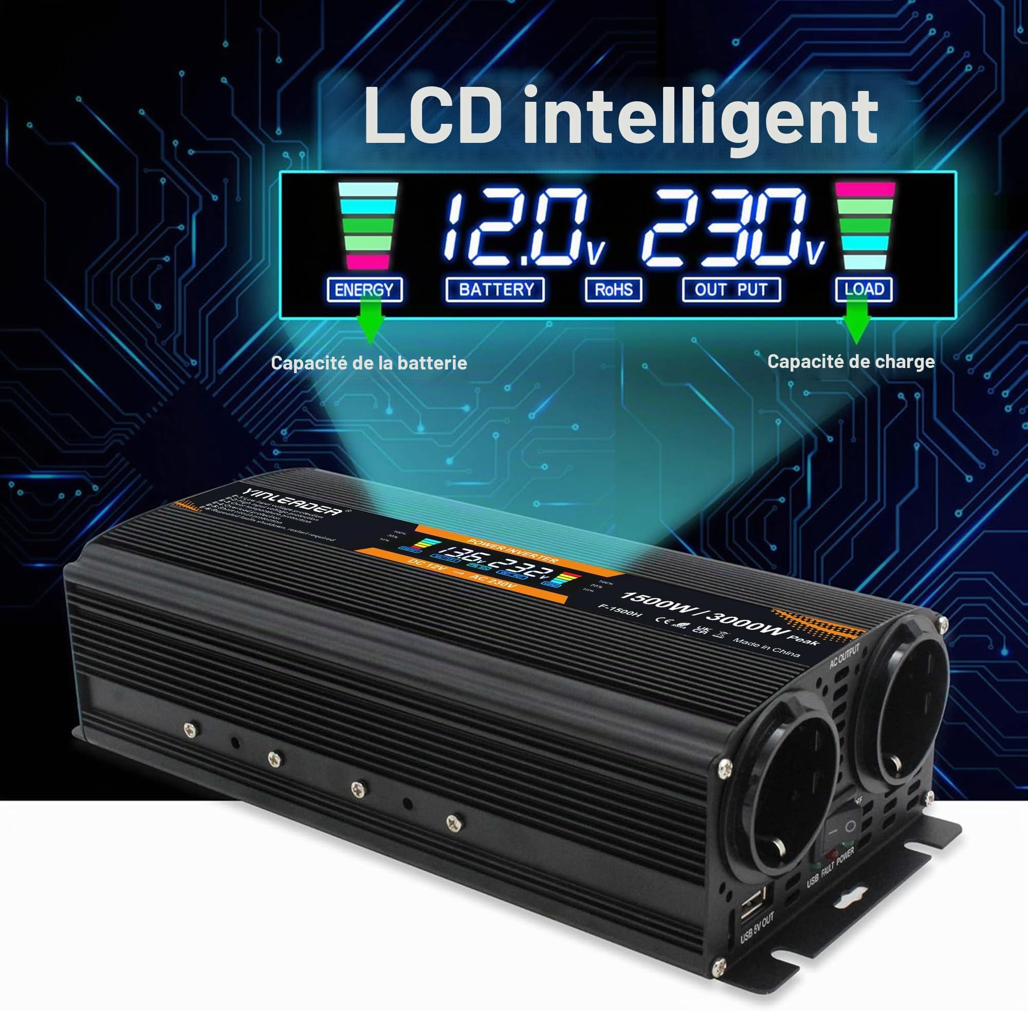 Yinleader convertisseur 12v 220v 1500W /3000W convertisseur de Tension avec écran LCD USB Noir