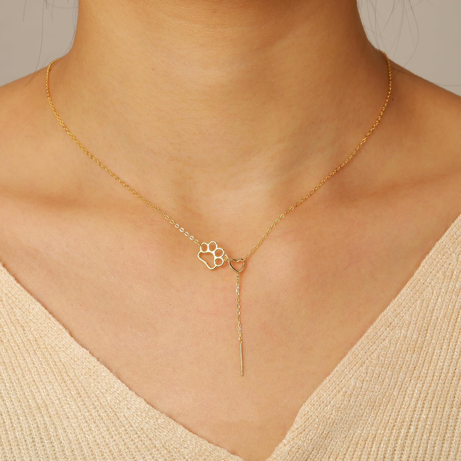 SUYACS 925 Sterling Silver Cat Dog Paw Print Necklaces for Women 14k Gold Plated Cute Heart Pet Puppy Animal Paw Y Shaped Necklace Dog Cat Mom Loss Memorial Jewelry Birthday Gifts to Daughter