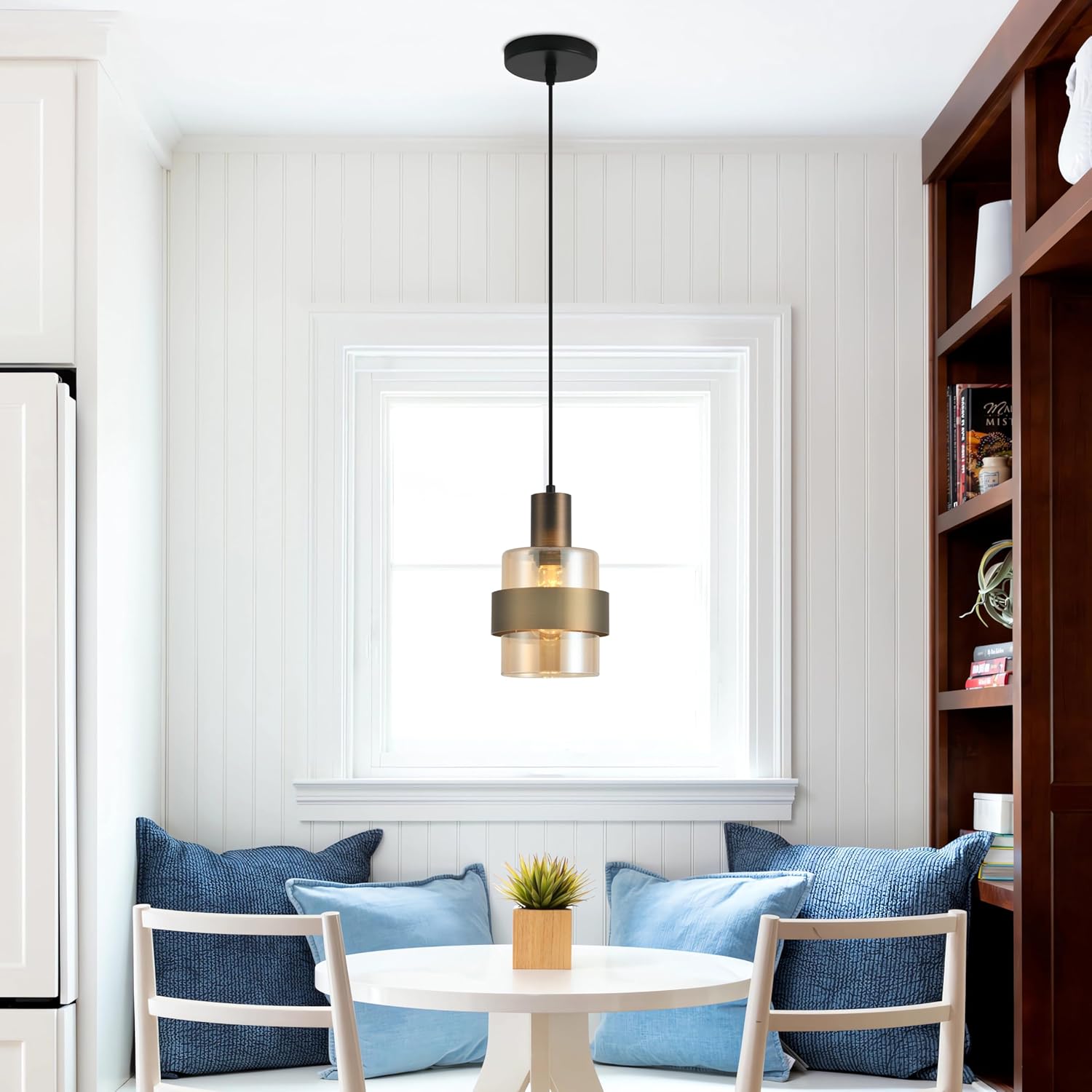 Modern Amber Glass Pendant Light Fixtures Kitchen Island Lighting, Mini Glass Pendant Lights with Bronze Finish Matal Ring, E26 Height Adjustable Hanging Lights for Kitchen Dining Living Room