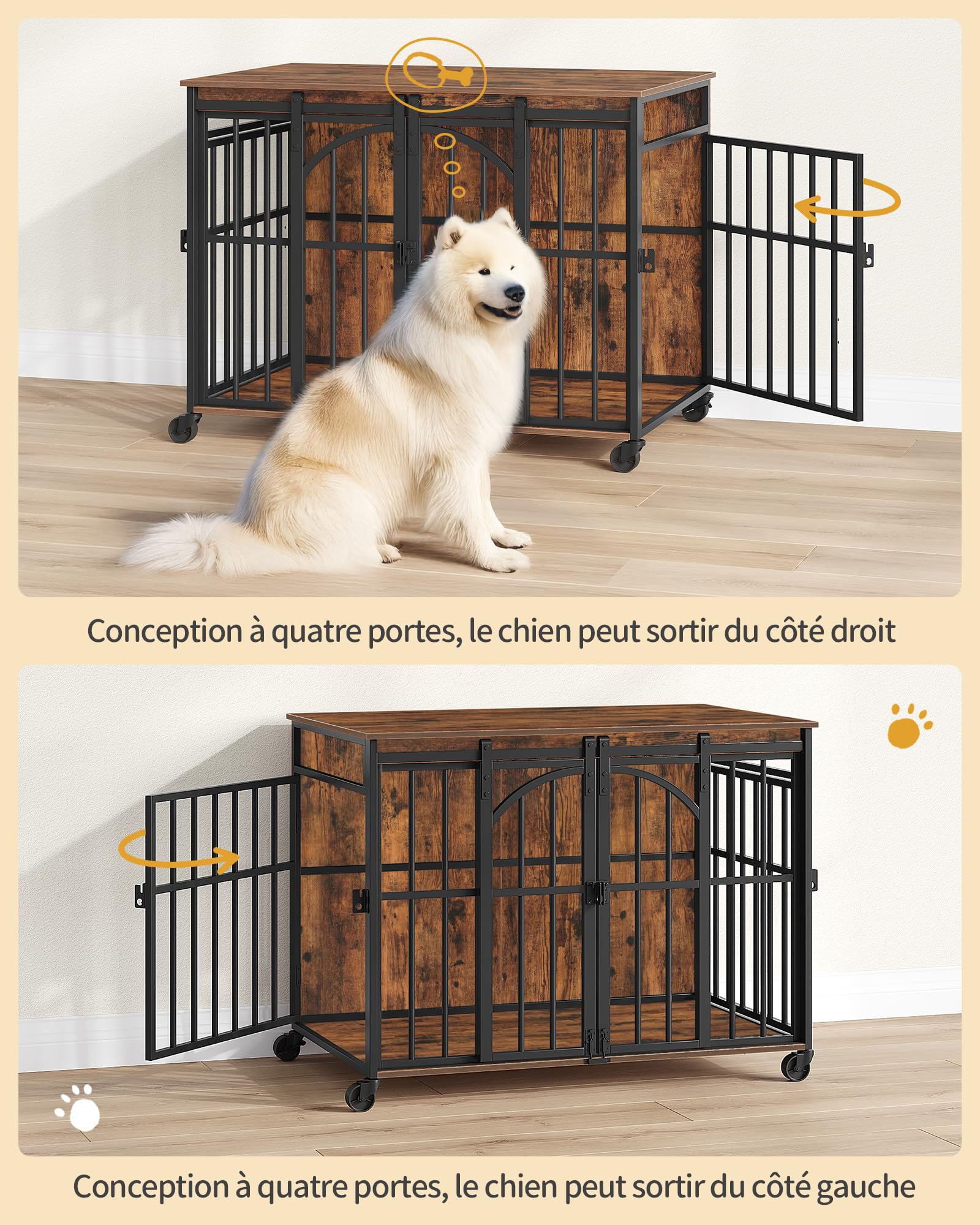 Hzuaneri Cage pour Chien avec roulettes Pivotantes à 360°, Caisse avec Porte Coulissante, Moderne en Bois pour Chiens de Petite et Moyenne Taille, pour Une Utilisation en Intérieur, Marron Rustique