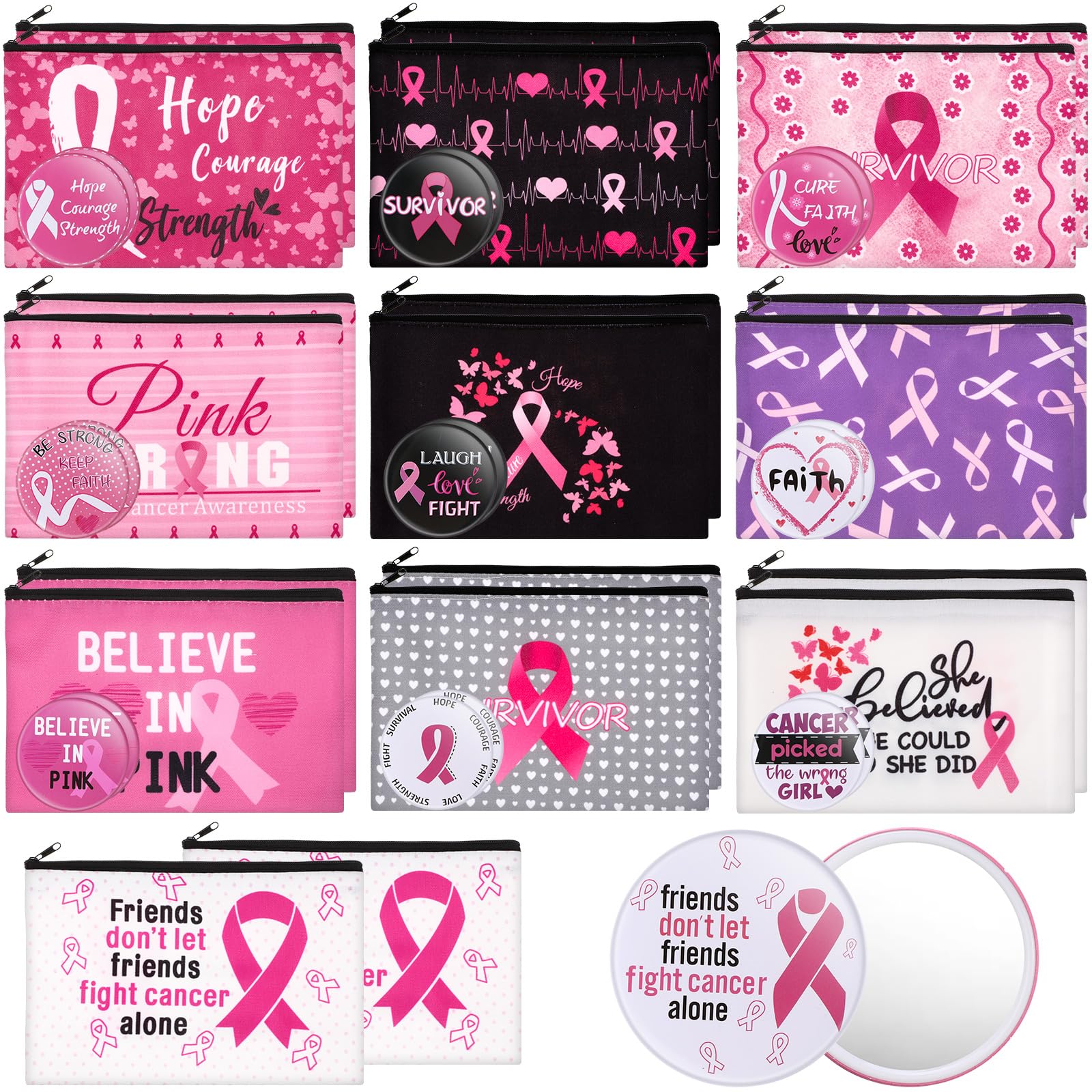 Amylove 40 Pcs Breast Cancer Awareness Gift Set Include 20 Pink Ribbon Makeup Bags and 20 Compact Mirrors Warrior Gift for Women Girls Cancer Survivor and Charity Party Favors-picture-30