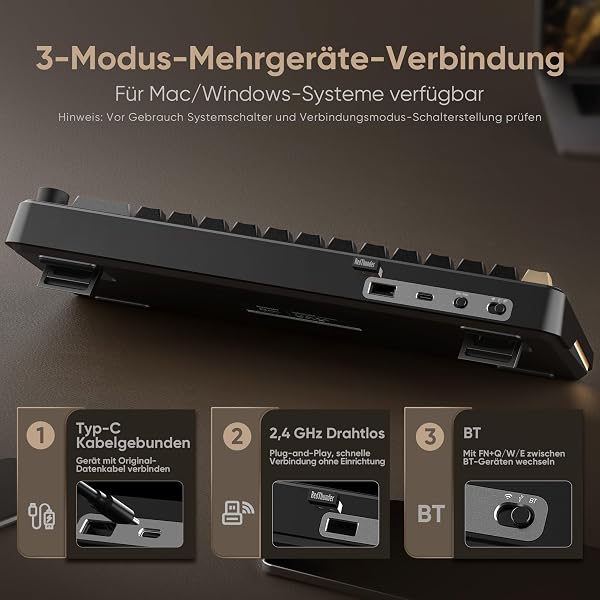 RedThunder K65 Wireless Mechanical Gaming Keyboard, QWERTZ 67 Keys, RGB, Five Layer Padding Structure, BT/USB-C/2.4GHz, Hot-swap, 4000mAh, Gaming Keyboard for Windows, Mac, Xbox, PS4 PS5 - 3