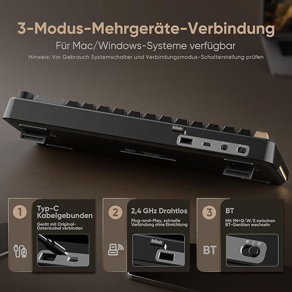 RedThunder K65 Wireless Mechanical Gaming Keyboard QWERTZ 67 Keys RGB Five Layer Padding Structure BT/USB-C/2.4GHz Hot-swap 4000mAh Gaming Keyboard for Windows Mac Xbox PS4 PS5