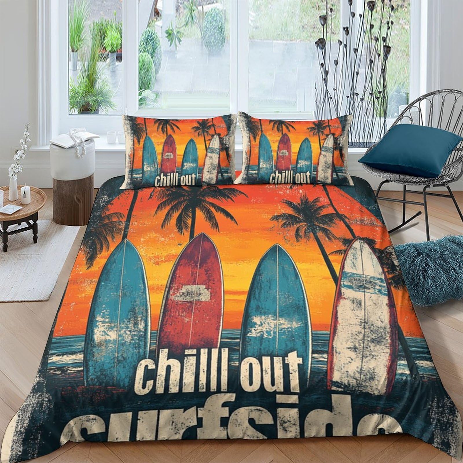 Ctjqhvkz Style-3 3D Printed Sunset Surfboard Fitted Sheet Microfiber Orange Palm Beach Mattress Cover For Bedroom Guest Room Decor Single（135X200cm）