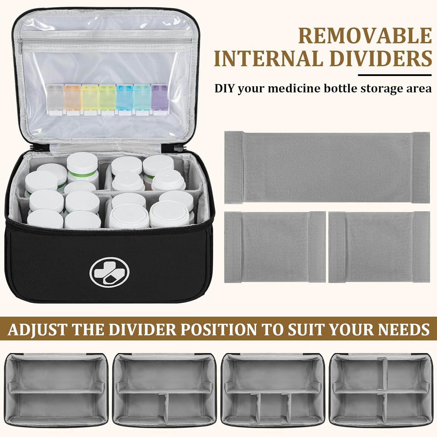Dual Layers Medicine Organizer Bag, Pill Bottle Organizer Storage with Lockable Zipper, Lockable Medicine Travel Case for Pills, Vitamins, Medical Supplies, Black（Lock Not Included）
