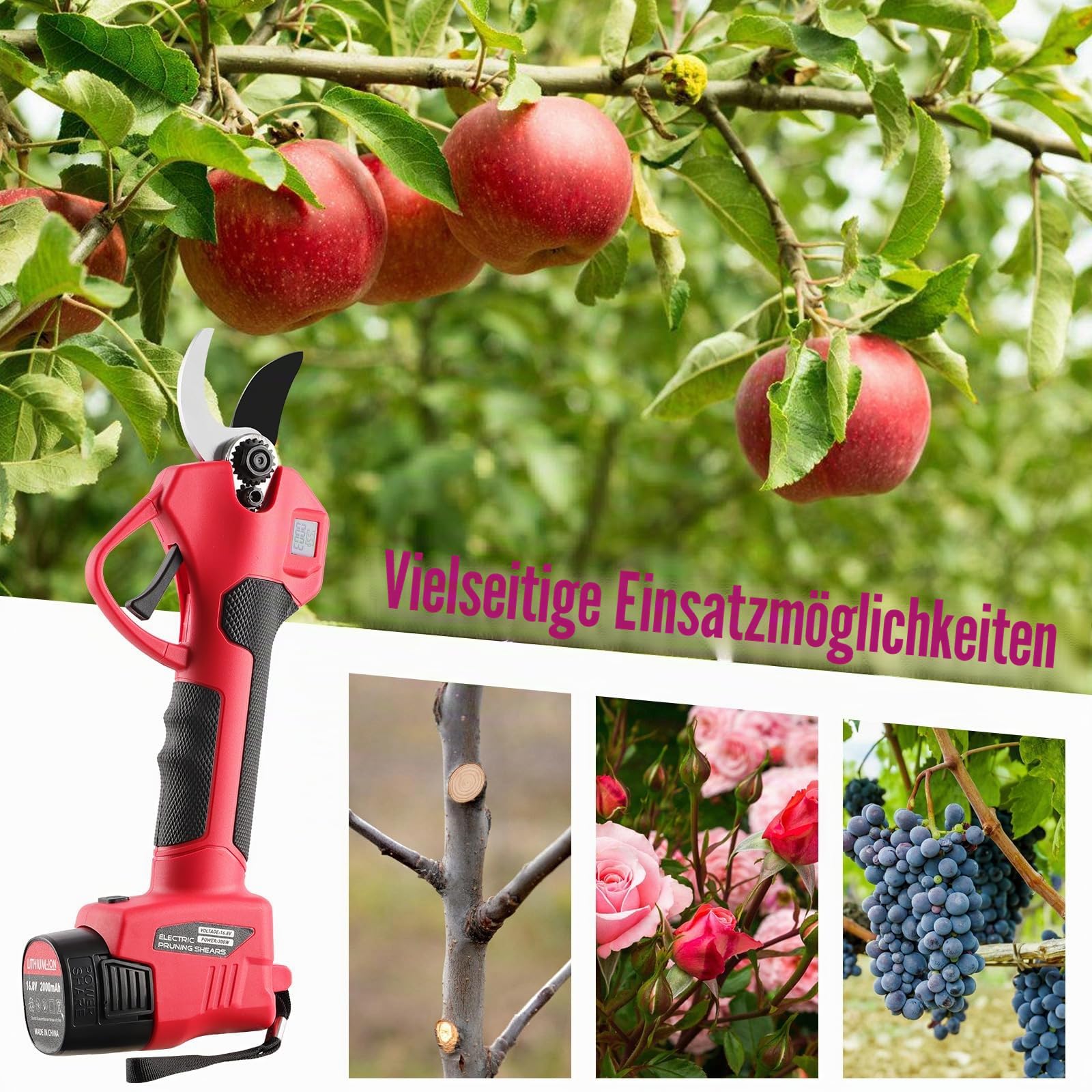 Akku-Gartenschere mit 2 x 2000 mAh Bateria | Bürstenloser Motor, LCD‑Ladestand, Leicht, Rutschfester Griff, – für Obstgarten, Weinberg, Hecken